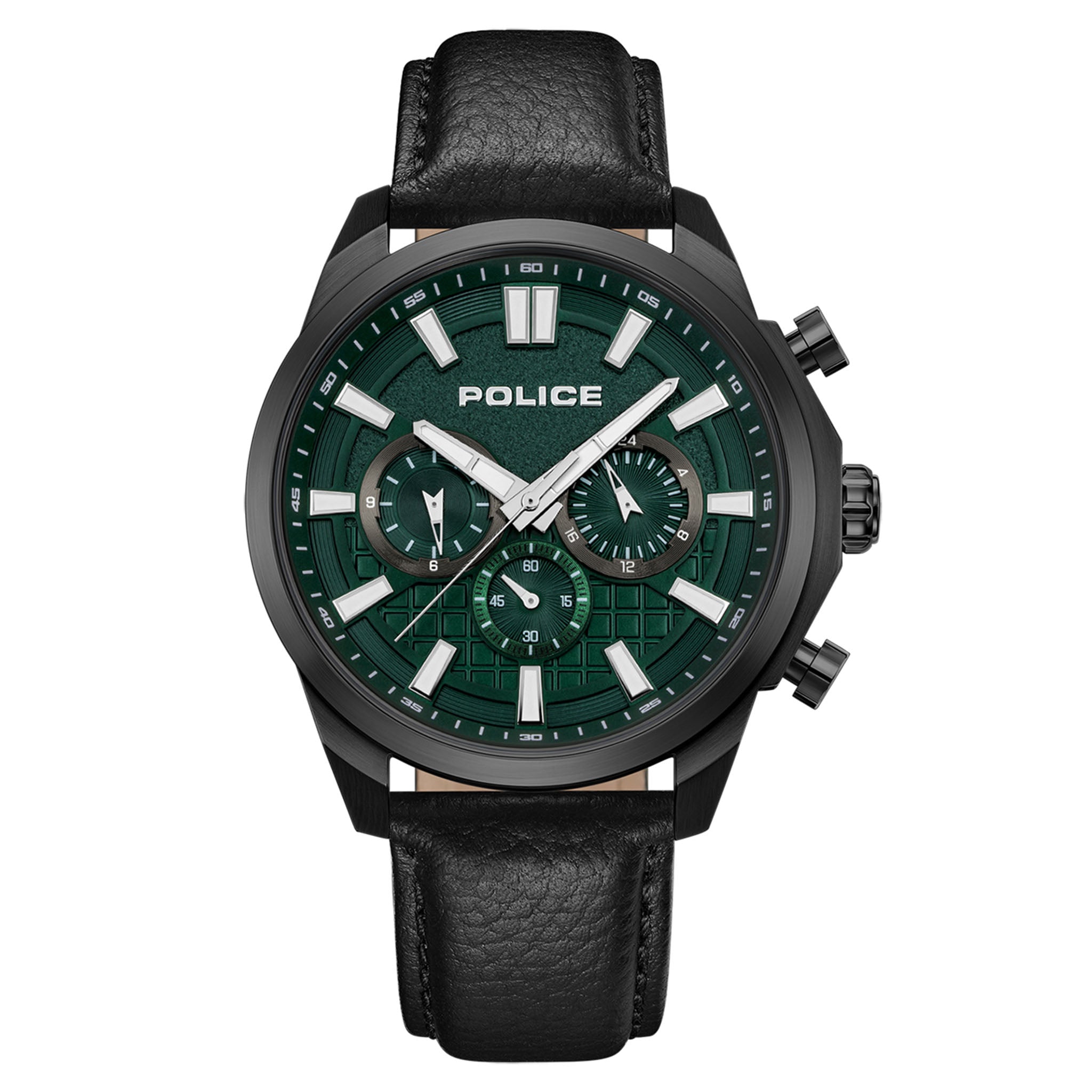 Police Black Leather Green Dial Multi-function Men's Watch - PEWGF0021007M