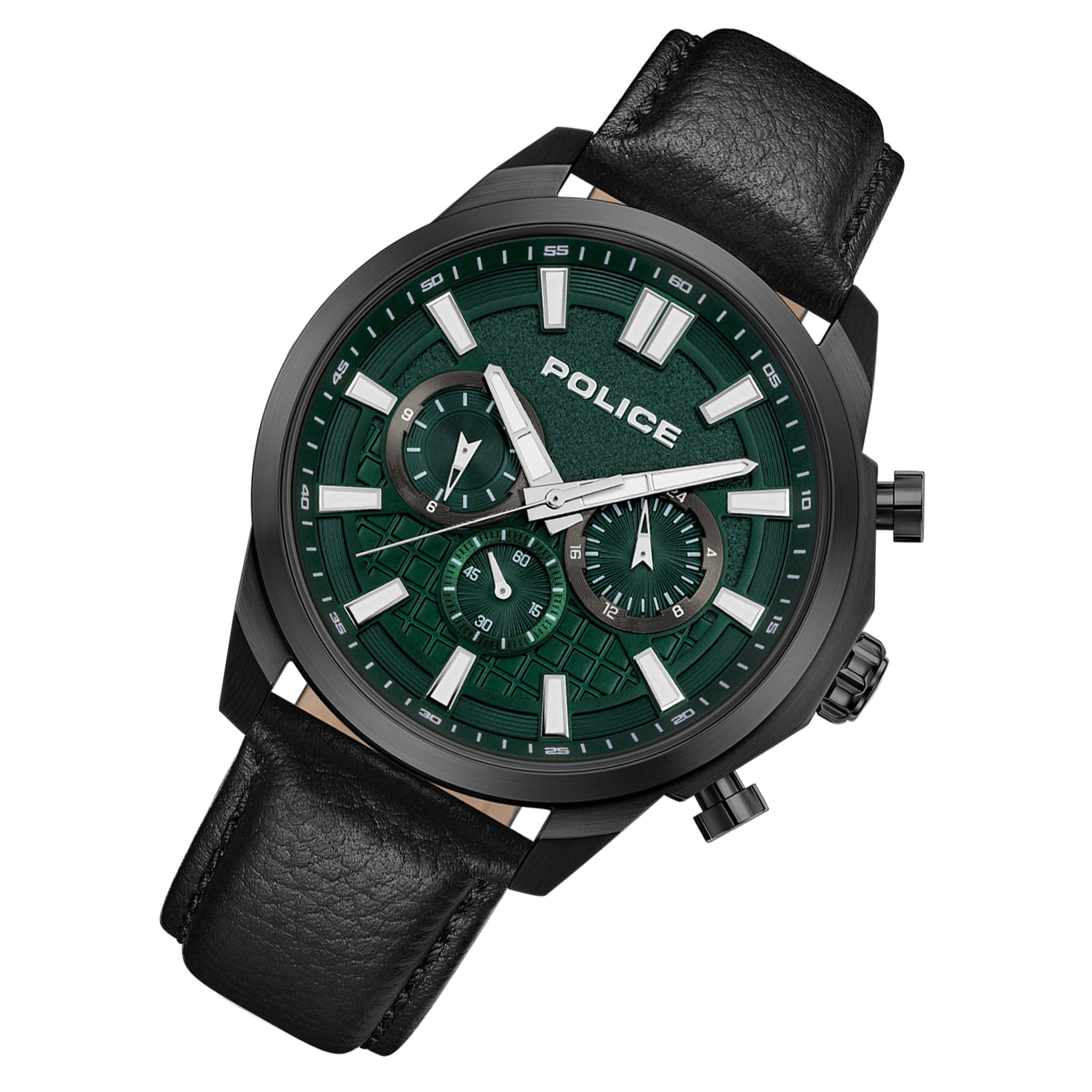 Police Black Leather Green Dial Multi-function Men's Watch - PEWGF0021007M