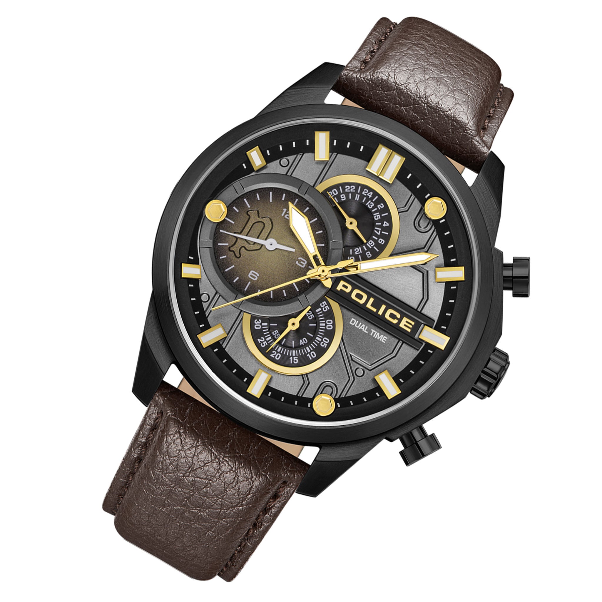 Police Brown Leather Cool Grey Dial Multi-function Men's Watch - PEWGF0039203M