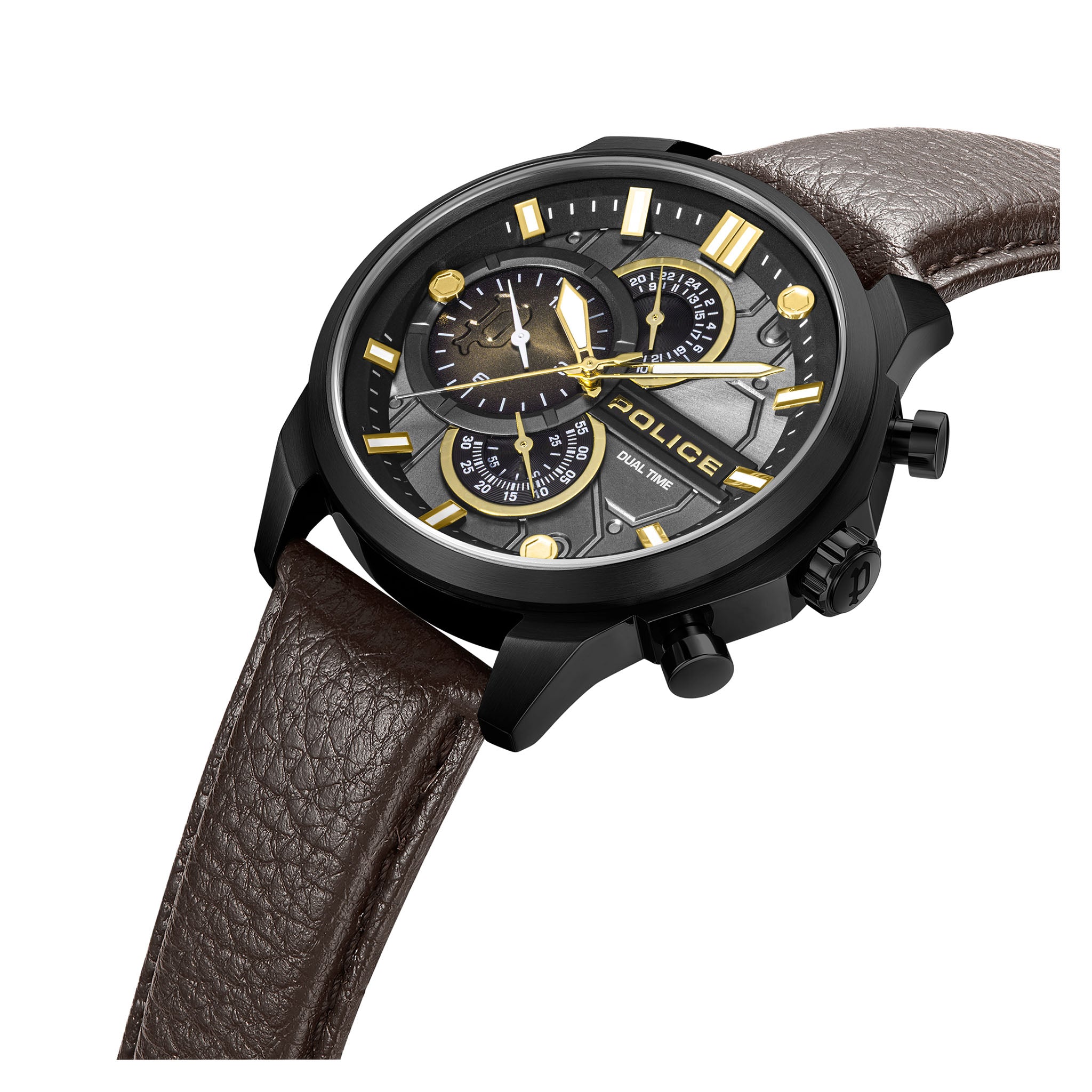 Police Brown Leather Cool Grey Dial Multi-function Men's Watch - PEWGF0039203M