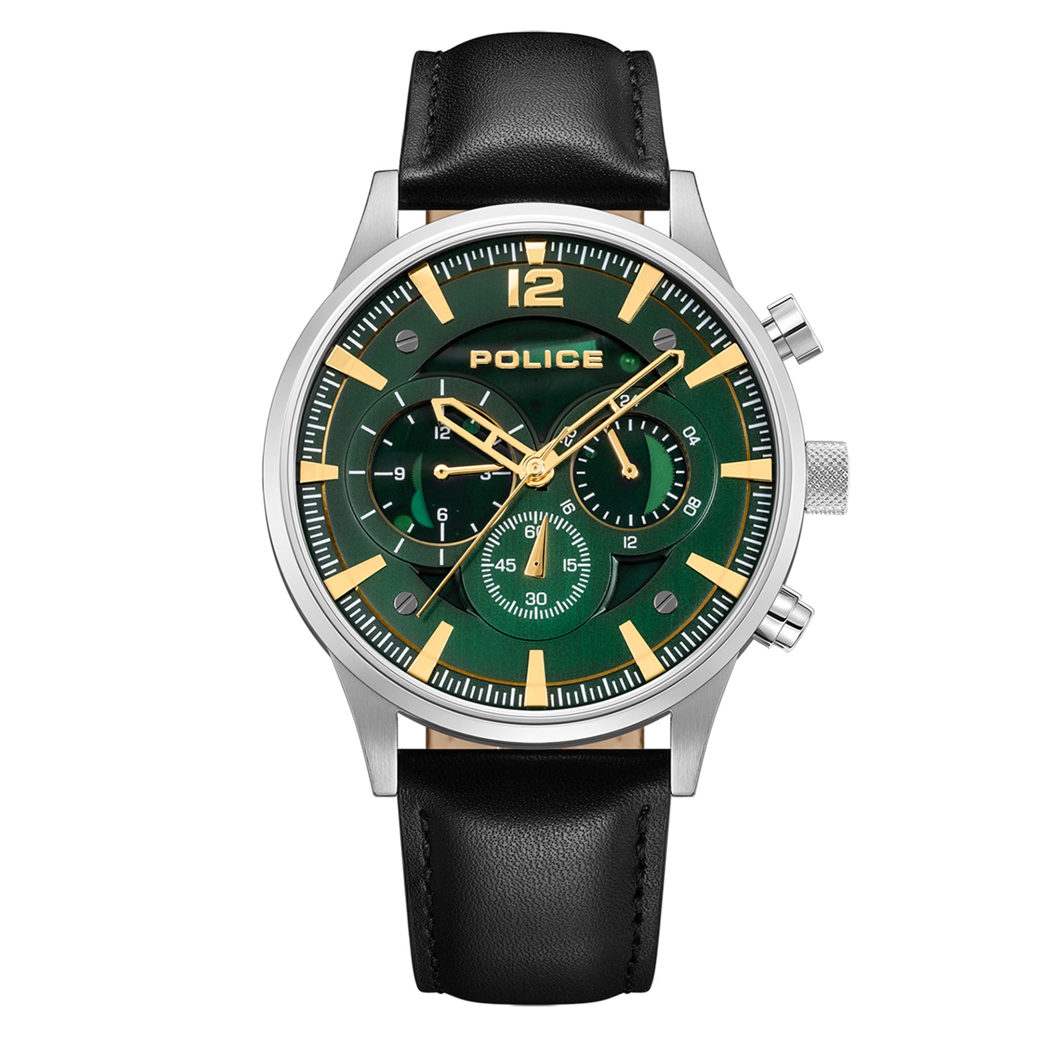 Police Black Leather Green Dial Multi-function Men's Watch - PEWGF0040201M