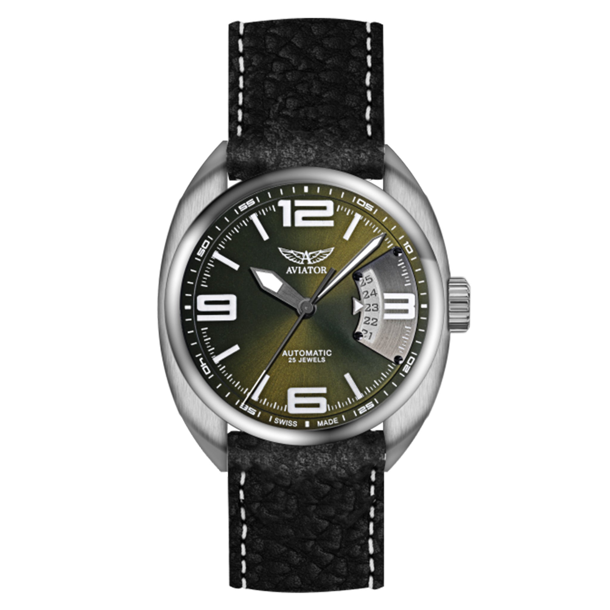 Aviator Black Leather Green Dial Men's Automatic Swiss Made Watch - R30800924