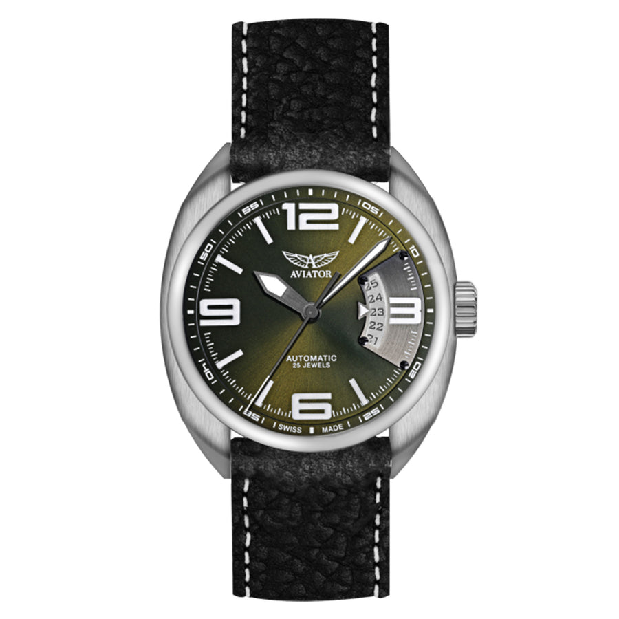 Aviator Black Leather Green Dial Men's Automatic Swiss Made Watch - R30800924