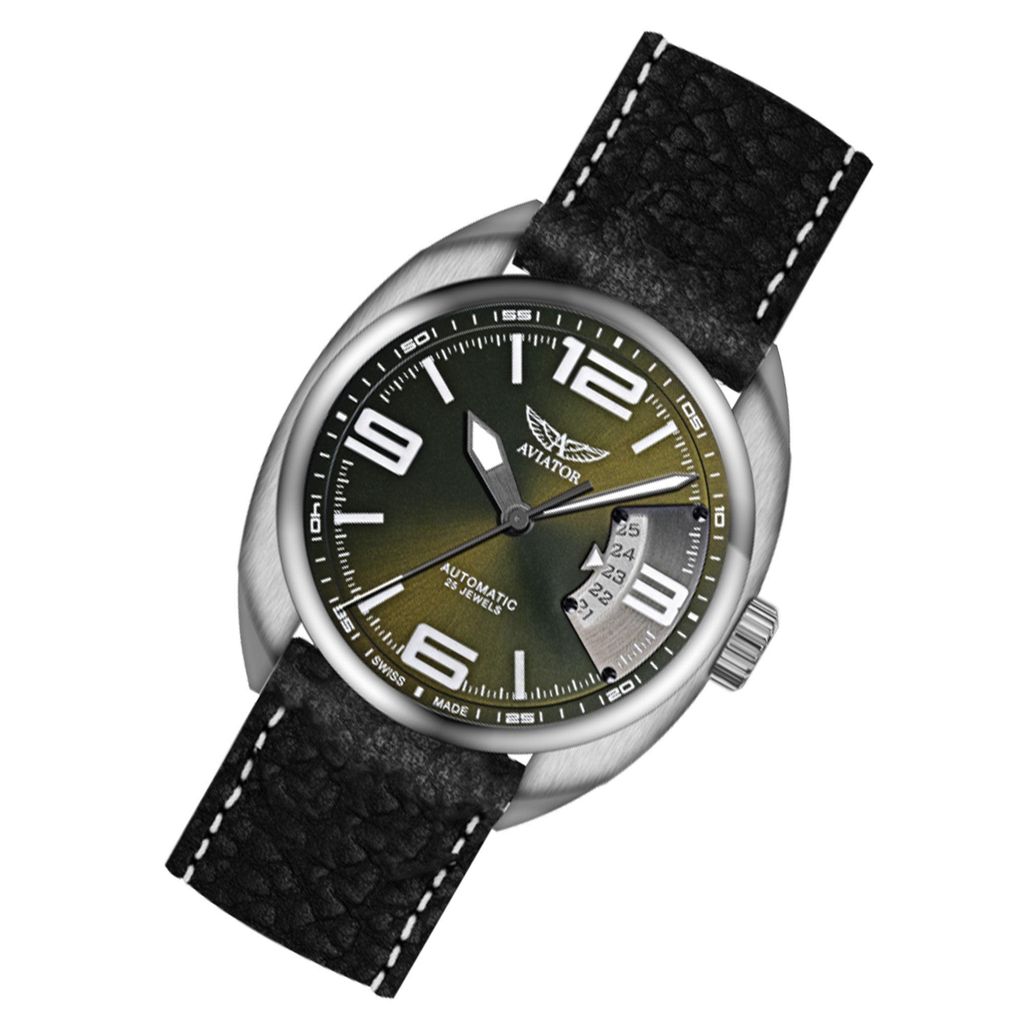 Aviator Black Leather Green Dial Men's Automatic Swiss Made Watch - R30800924