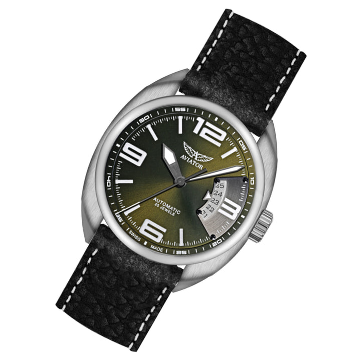 Aviator Black Leather Green Dial Men's Automatic Swiss Made Watch - R30800924