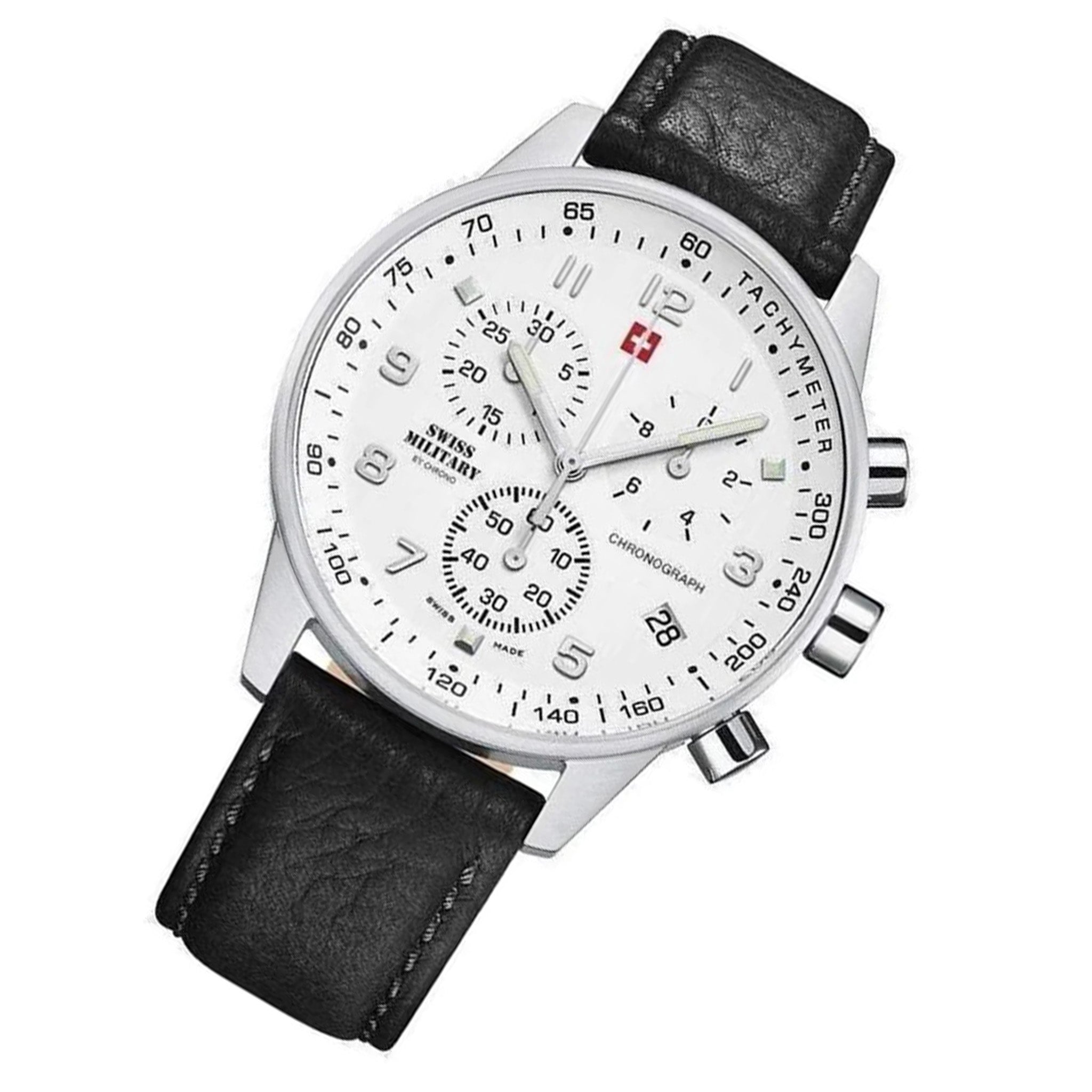 Swiss Military Black Leather White Dial Chronograph Men's Watch - SM34012.06