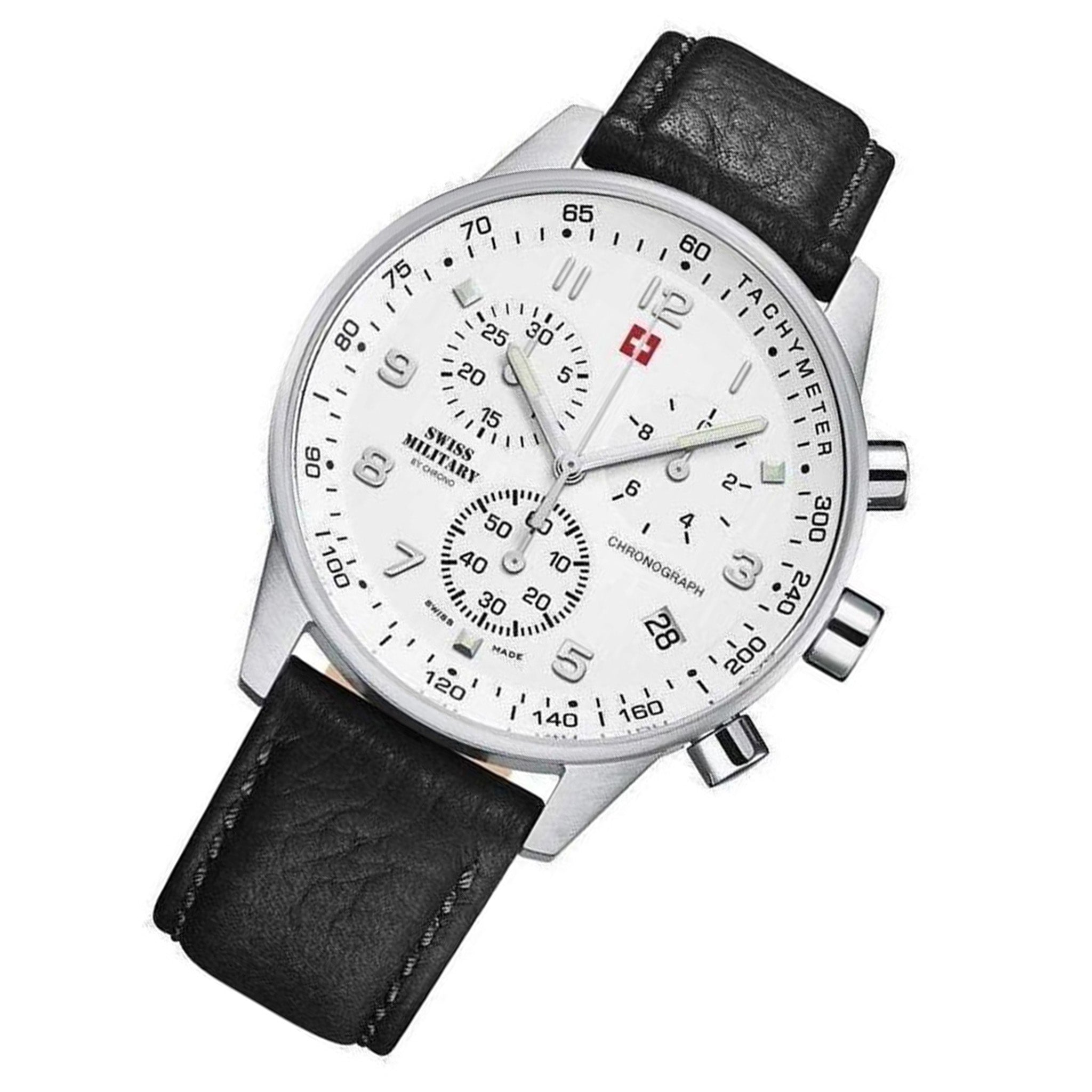 Swiss Military Black Leather White Dial Chronograph Men's Watch - SM34012.06