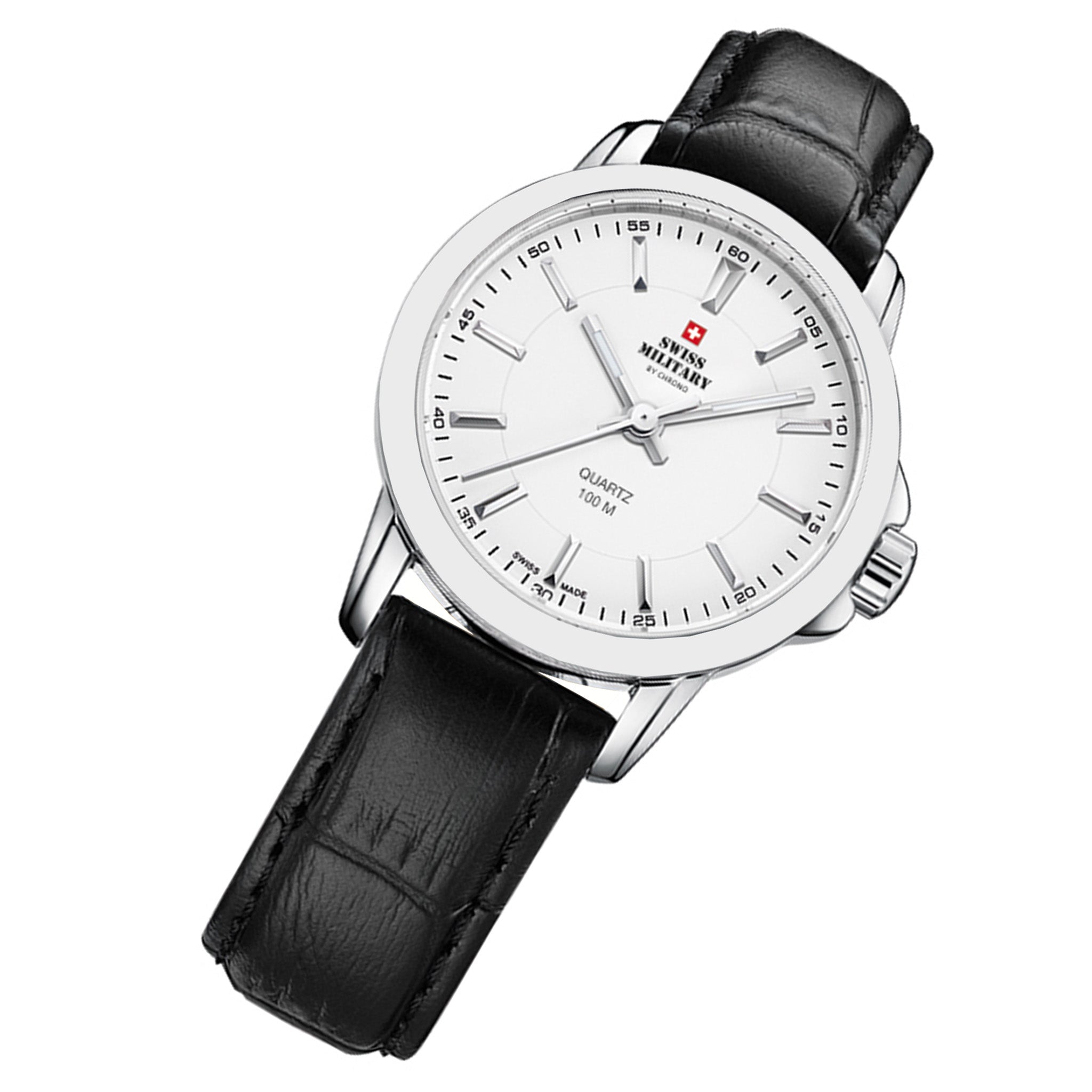 Swiss Military Black Leather White Dial Women's Swiss Made Watch - SM34040.06