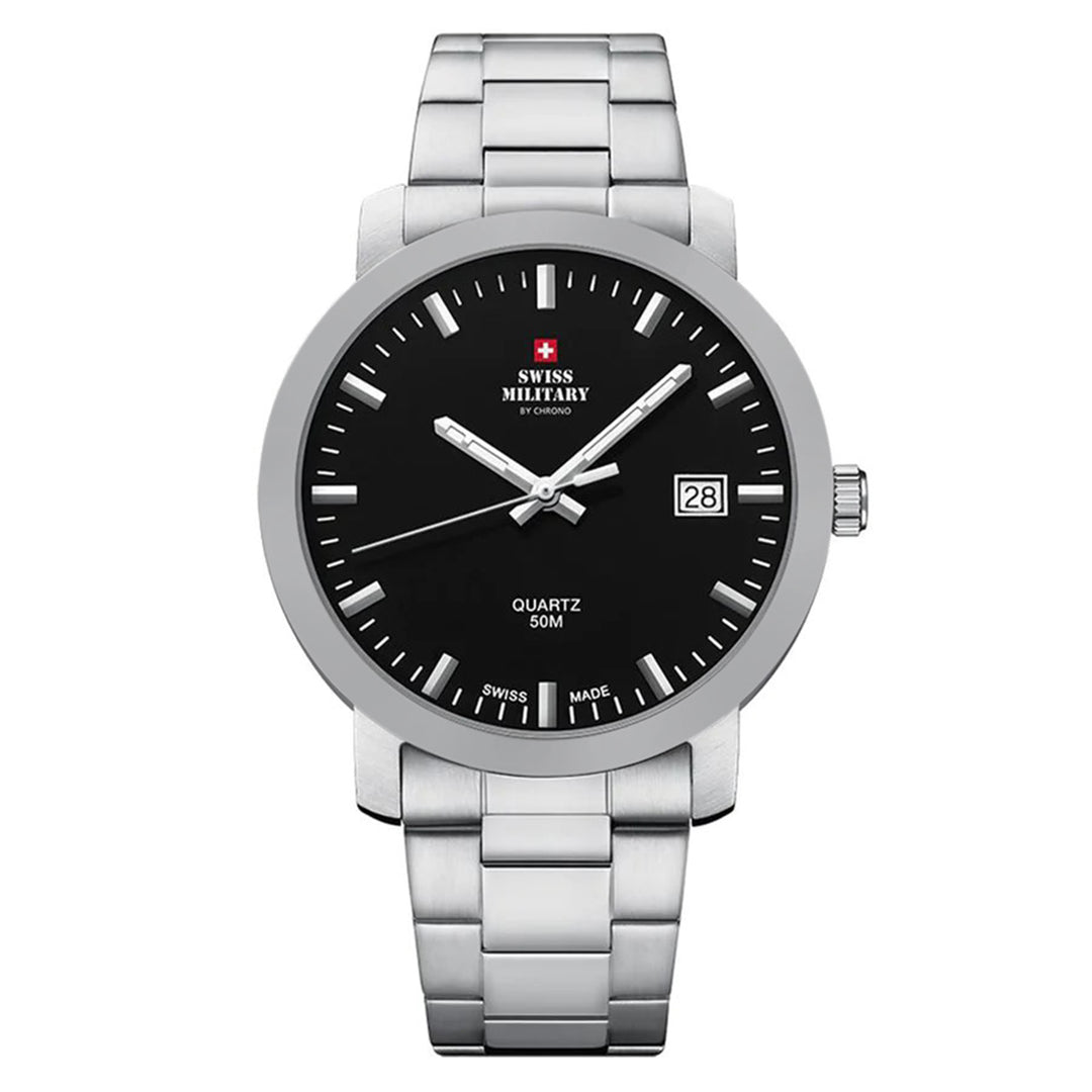 Swiss Military Silver Steel Black Dial Men's Watch - SM34083.01