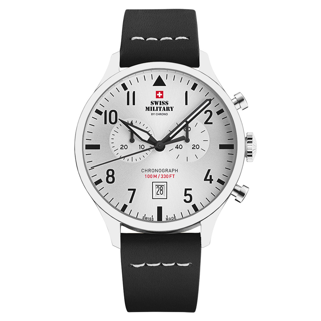 Swiss Military Black Leather Silver Dial Men's Swiss Made Watch - SM34098.06