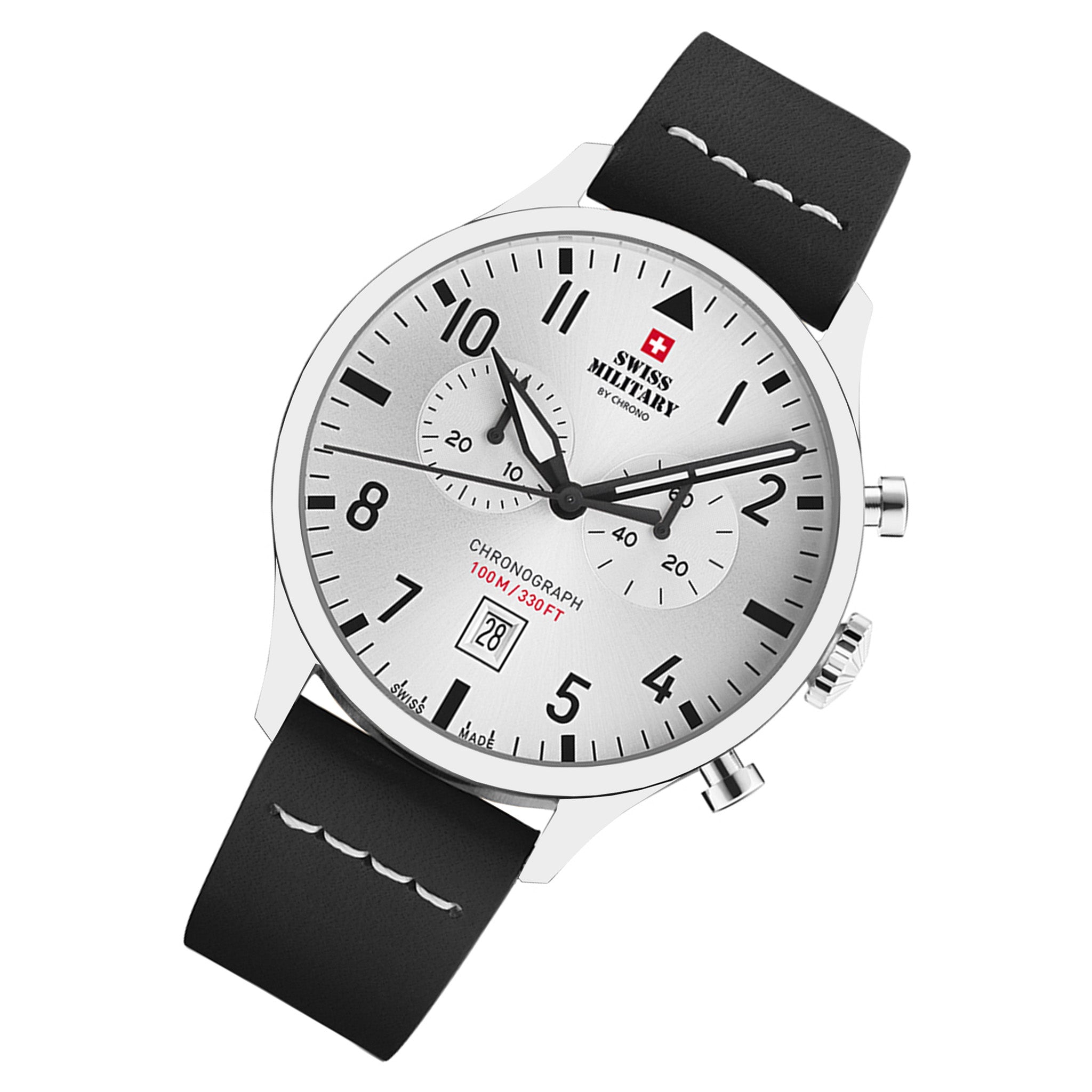 Swiss Military Black Leather Silver Dial Chronograph Men's Swiss Made Watch - SM34098.06