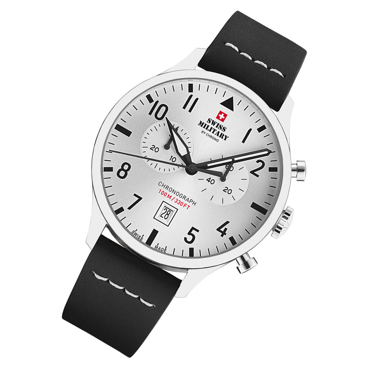 Swiss Military Black Leather Silver Dial Chronograph Men's Swiss Made Watch - SM34098.06