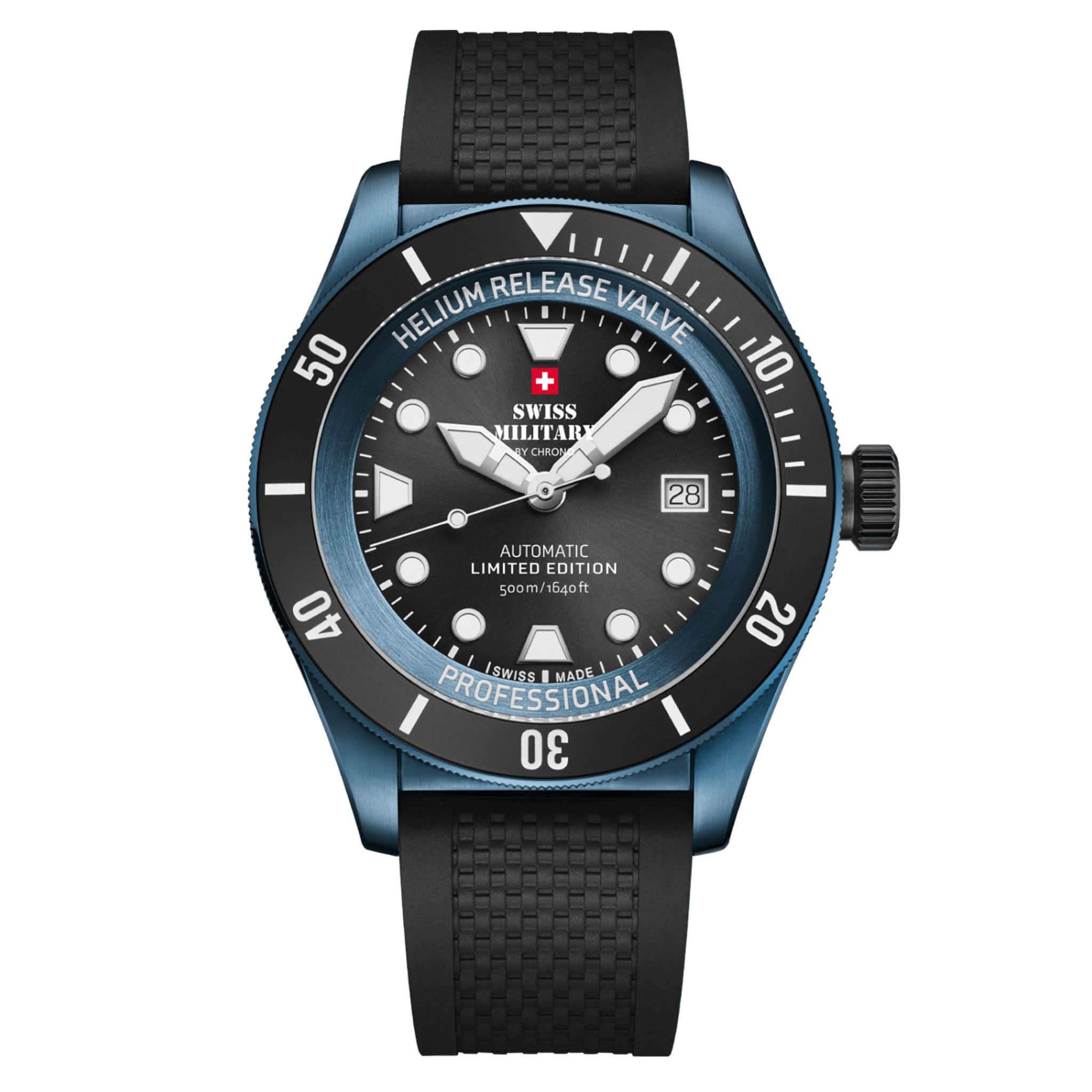 Swiss Military Blue with Rubber Bracelet Steel Black Dial Automatic Men's Swiss Made Gift Set Watch - SMA34075.10