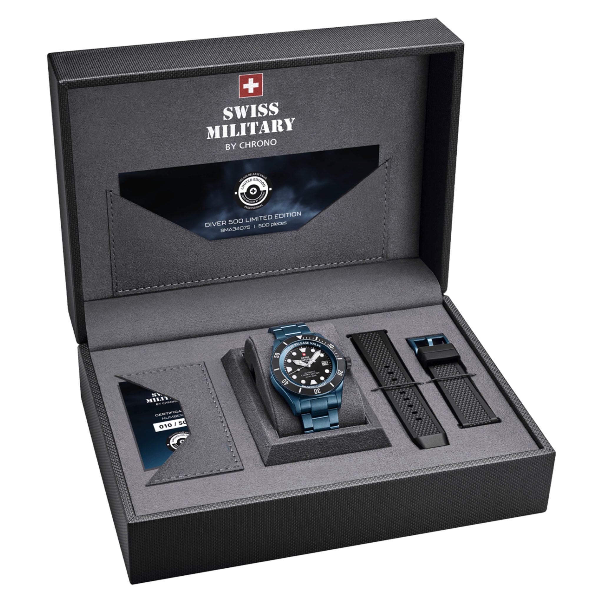 Swiss Military Blue with Rubber Bracelet Steel Black Dial Automatic Men's Swiss Made Gift Set Watch - SMA34075.10