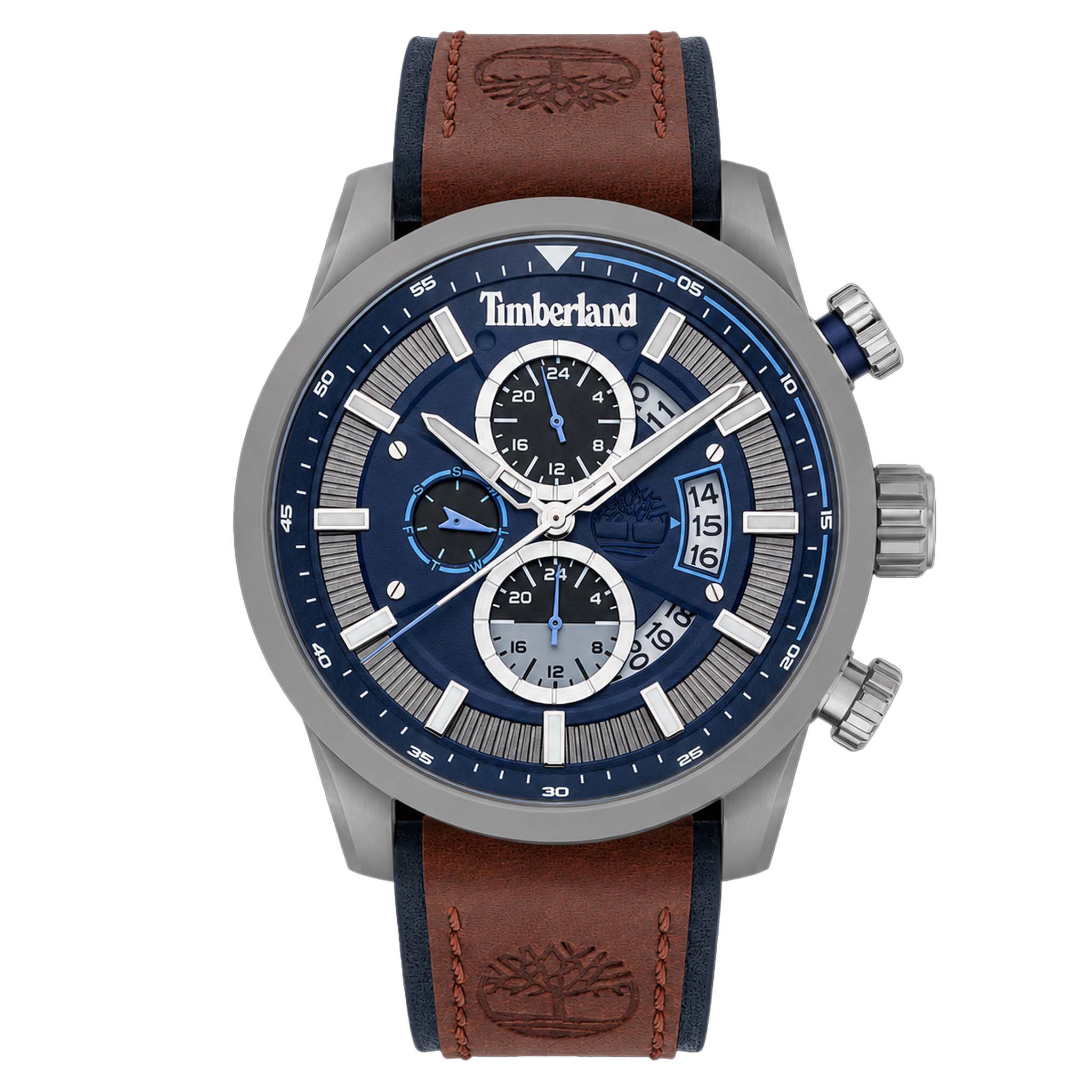 Timberland Dark Brown Leather Blue Dial Chronograph Men's Watch - TDWGF2102602
