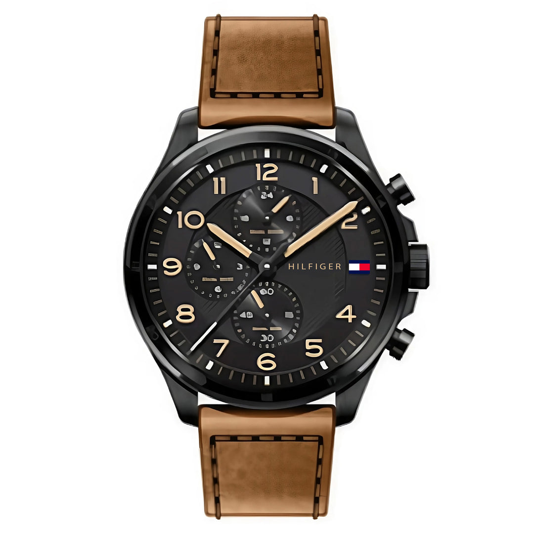 Tommy Hilfiger Brown Leather Black Dial Multi-function Men's Watch - 1792038