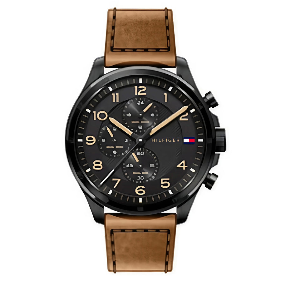 Tommy Hilfiger Brown Leather Black Dial Multi-function Men's Watch - 1792038
