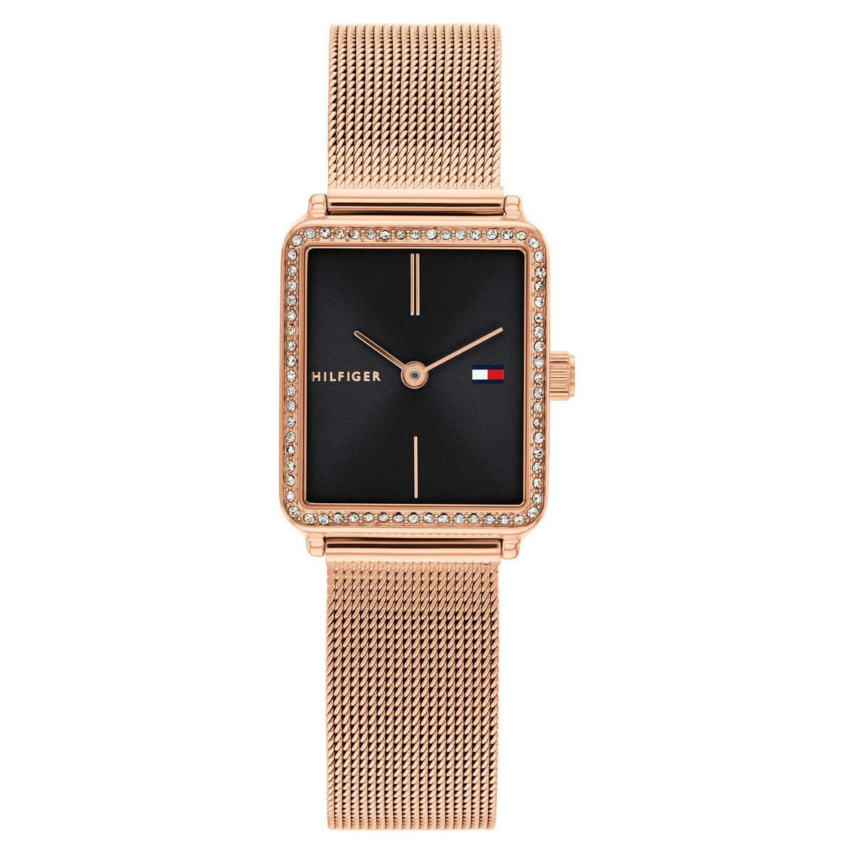 Tommy Hilfiger Rose Gold Steel Mesh Black Dial Women
