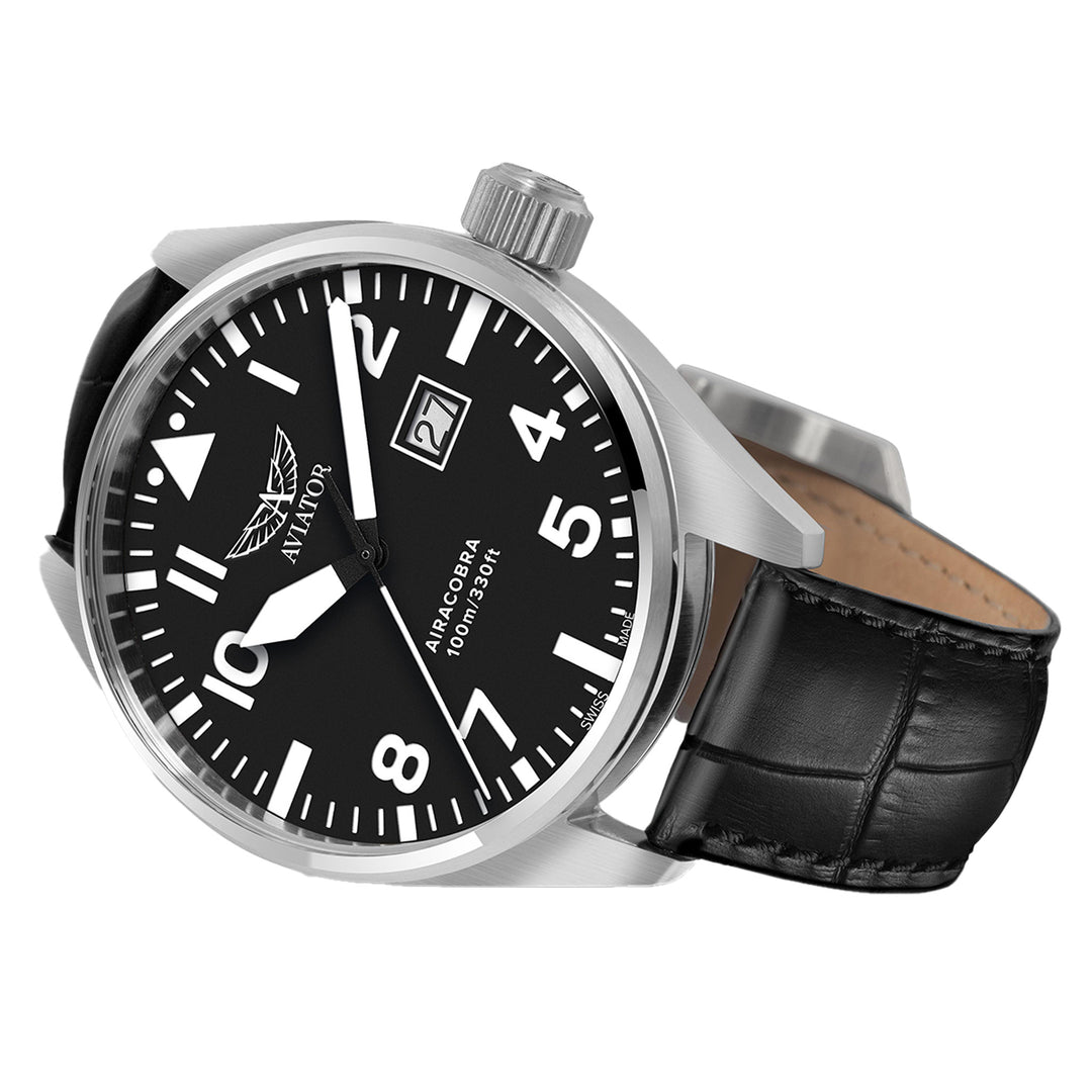 Aviator Black Leather Swiss Made Men's Watch - V12201484