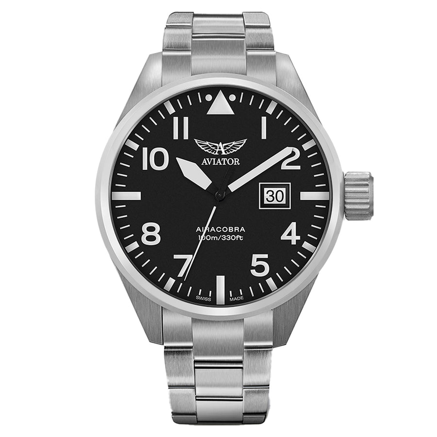 Aviator Silver Steel Black Dial Swiss Made Men's Watch - V12201485
