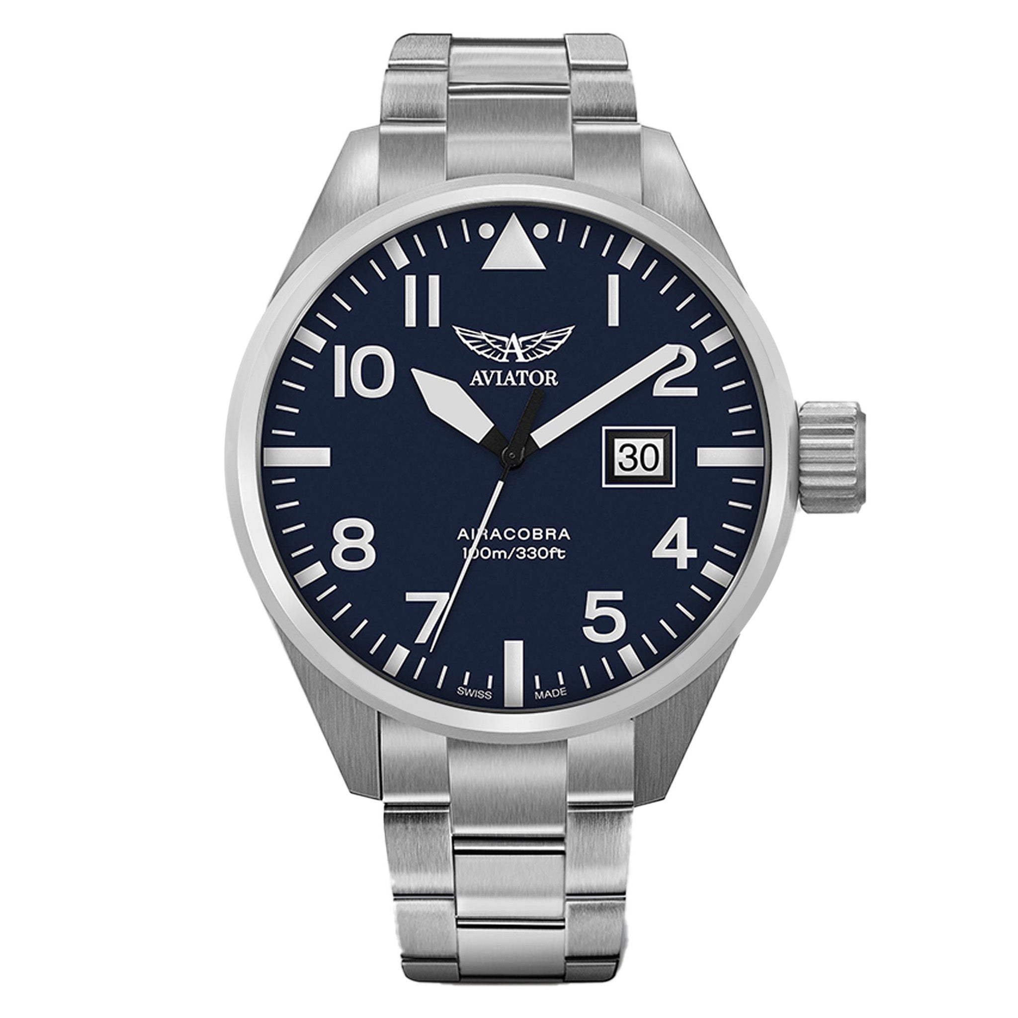 Aviator Silver Steel Blue Dial Swiss Made Men's Watch - V12201495