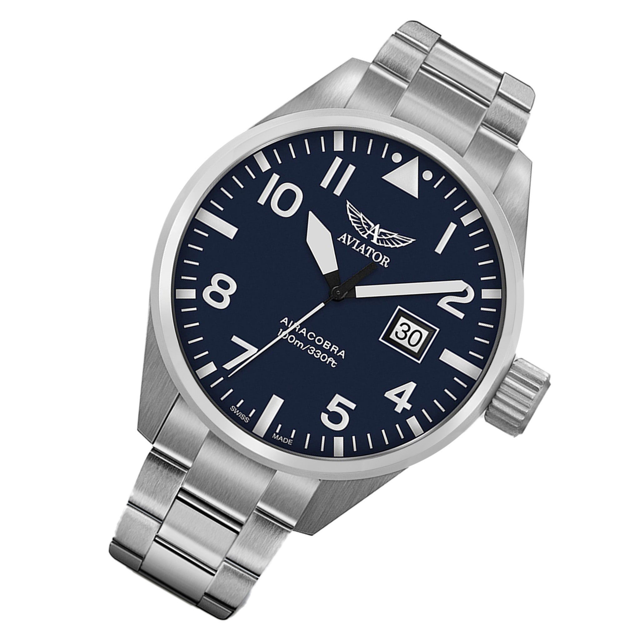 Aviator Silver Steel Blue Dial Swiss Made Men's Watch - V12201495