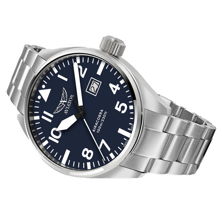 Aviator Silver Steel Blue Dial Swiss Made Men's Watch - V12201495