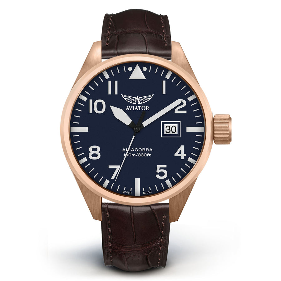 Aviator Brown Leather Blue Dial Swiss Made Men's Watch - V12221490