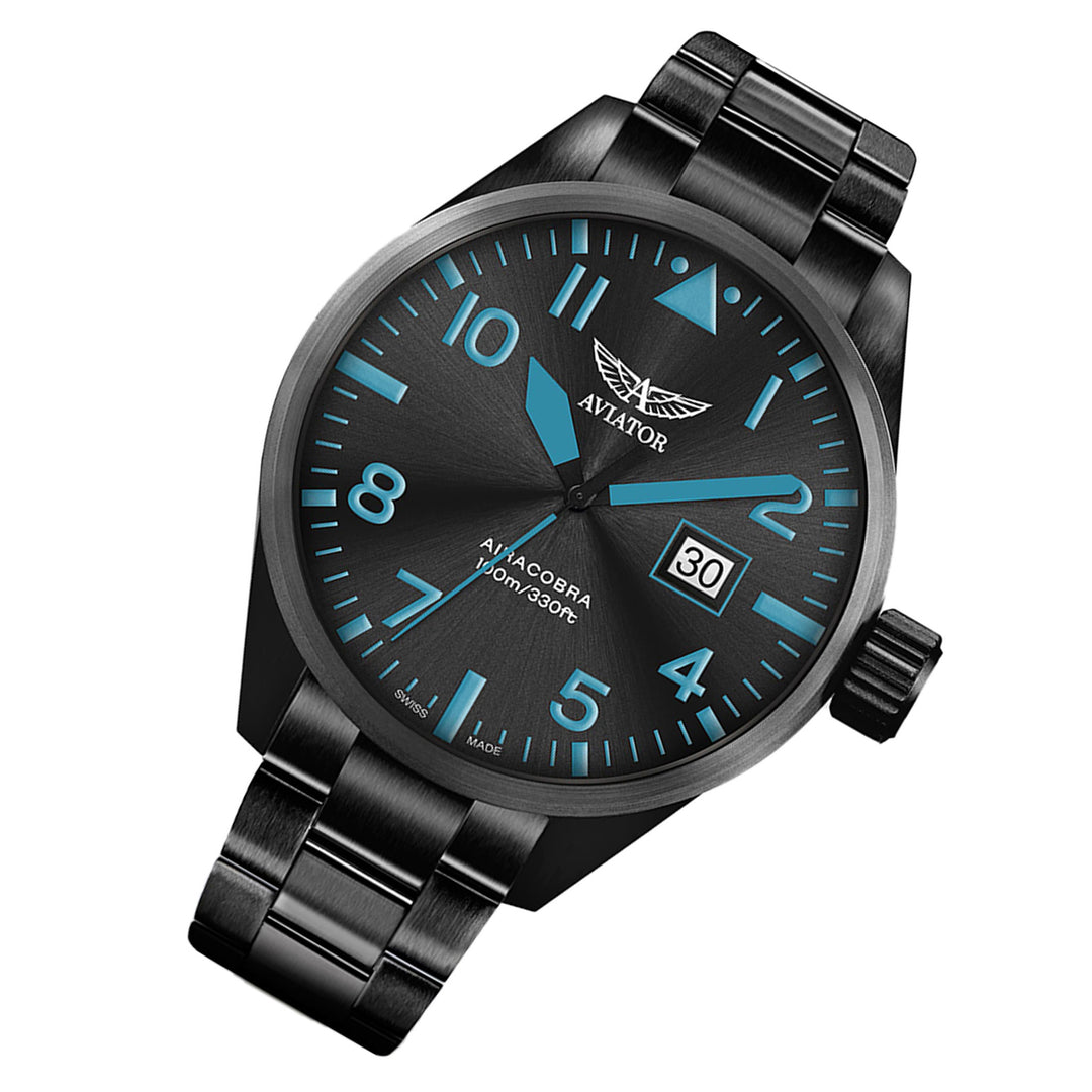 Aviator Black Steel Swiss Made Men's Watch - V12251885