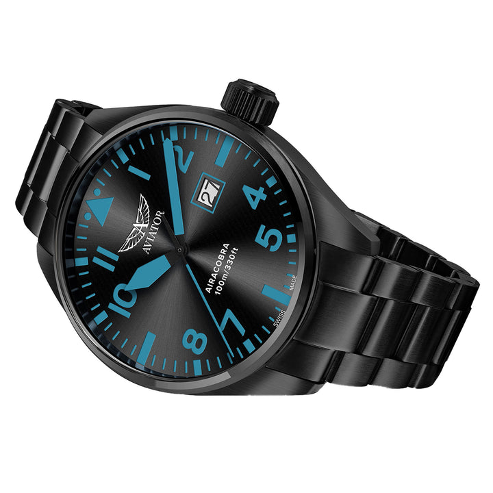 Aviator Black Steel Swiss Made Men's Watch - V12251885