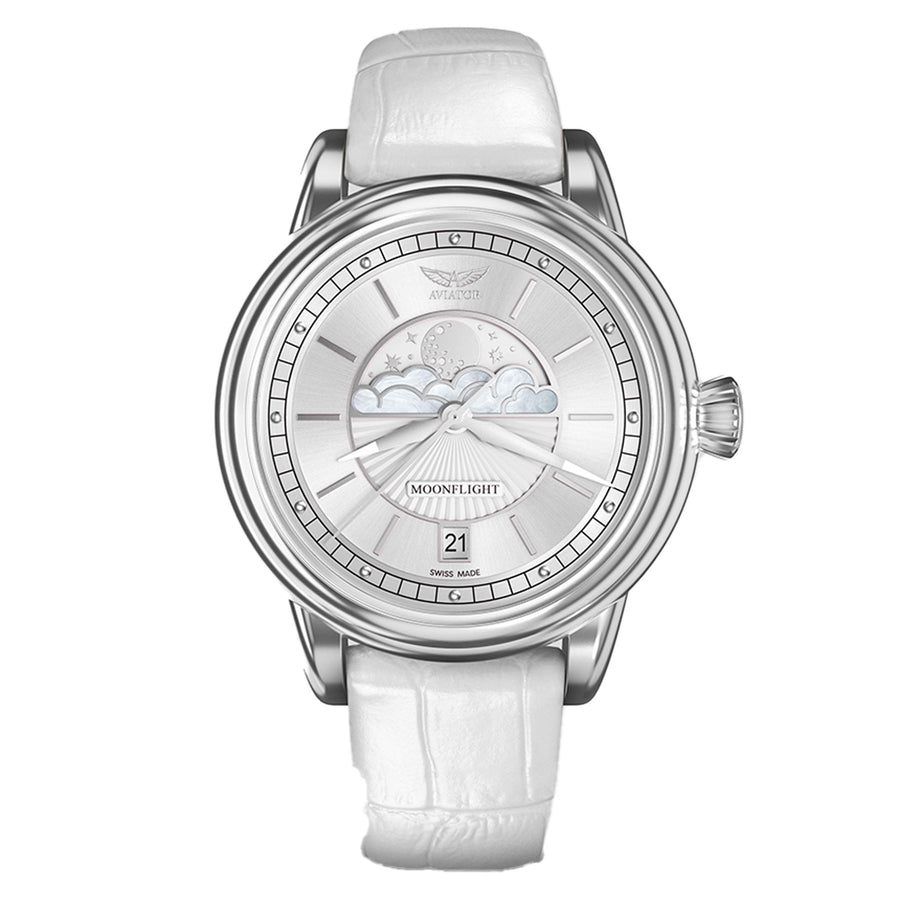 Aviator White Leather Swiss Made Women's Watch - V13302504