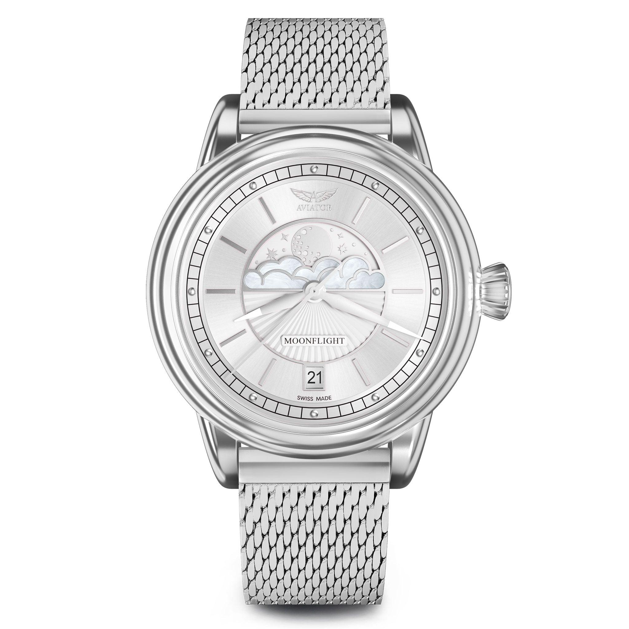 Aviator White Milanese Stainless Steel Mesh Swiss Made Women's Watch - V13302505