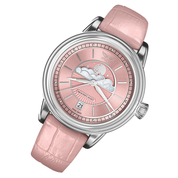 Aviator Pink Leather Swiss Made Women's Watch - V13302574