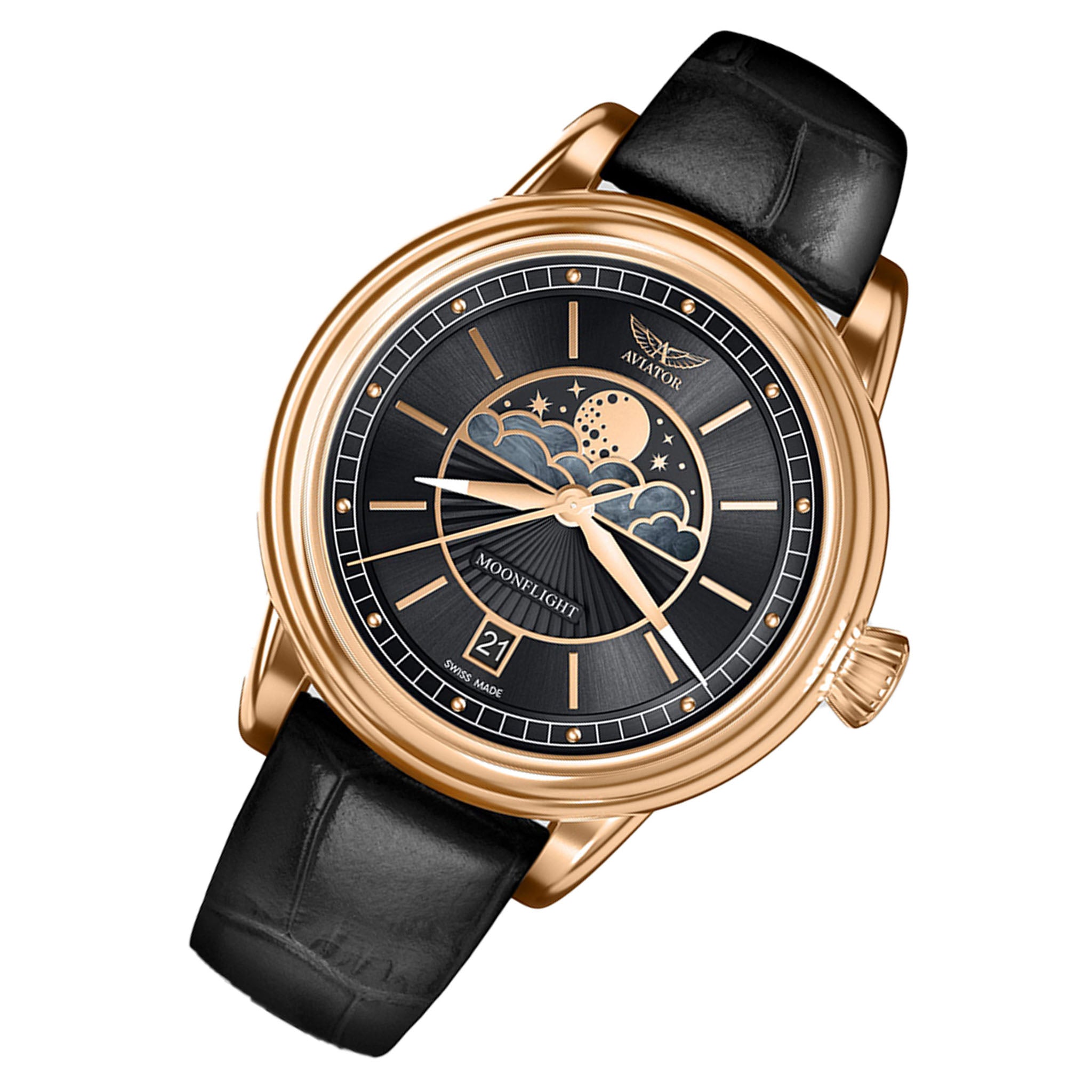 Aviator Black Leather Swiss Made Women's Watch - V13322534