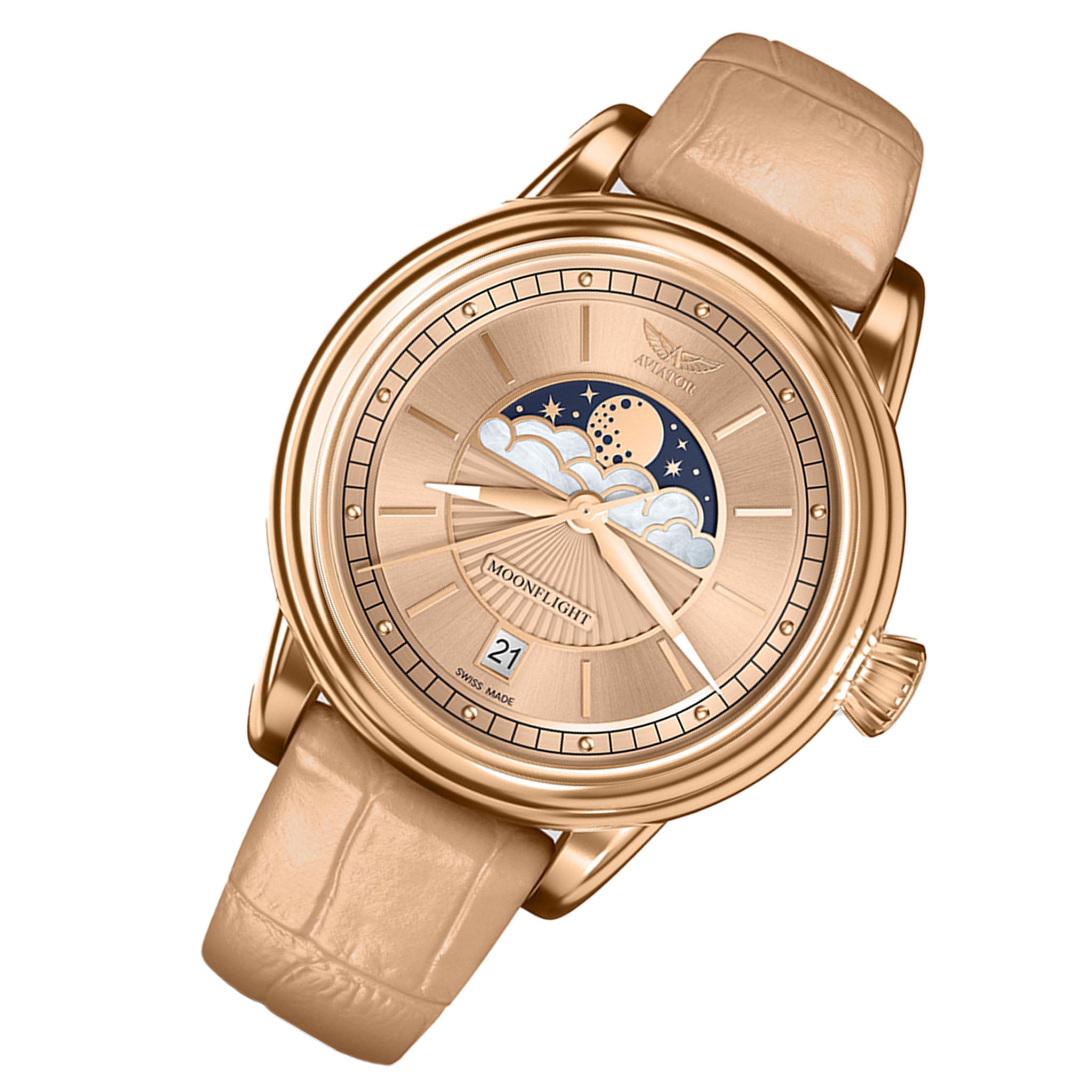 Aviator Beige Leather Swiss Made Women's Watch - V13322604