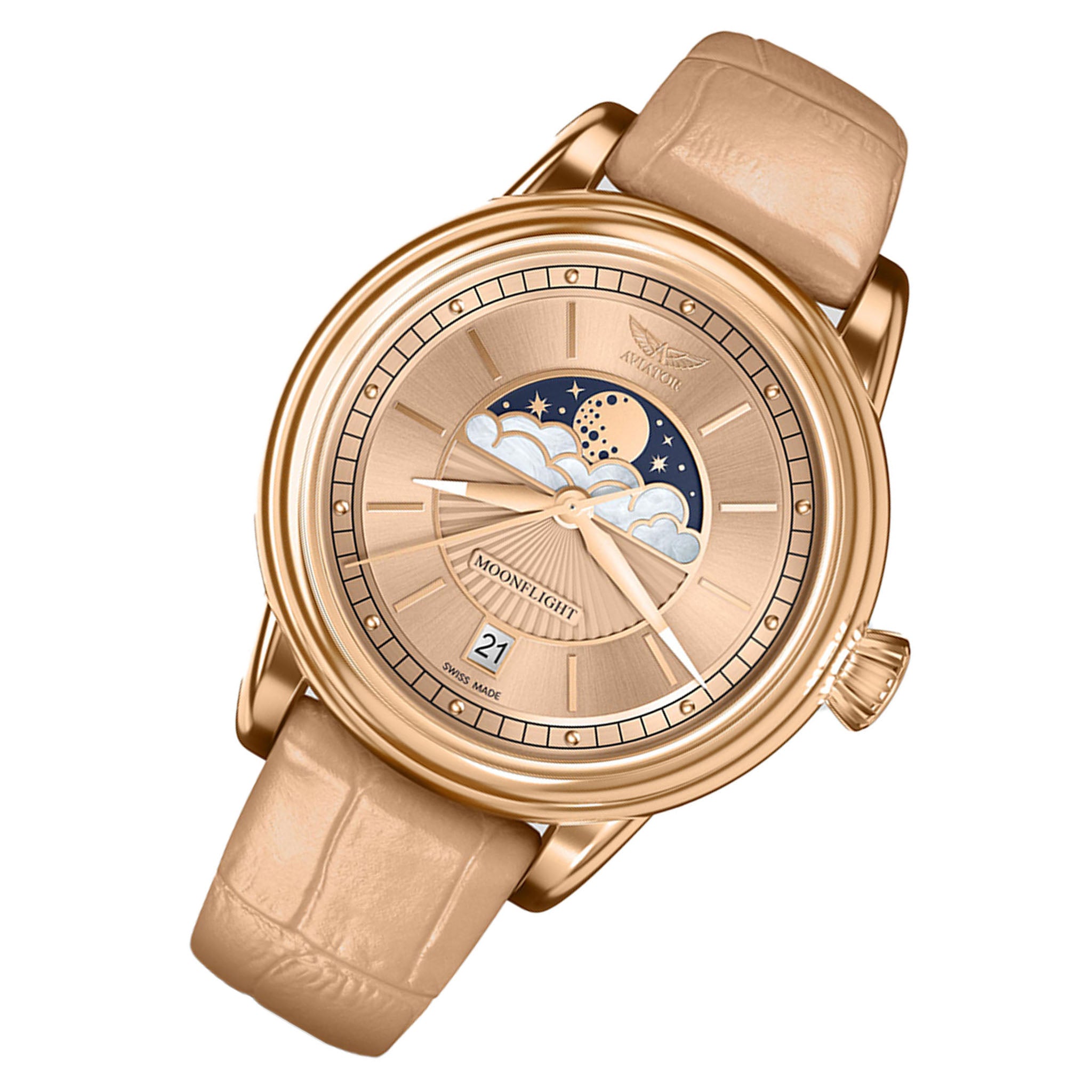 Aviator Beige Leather Swiss Made Women's Watch - V13322604