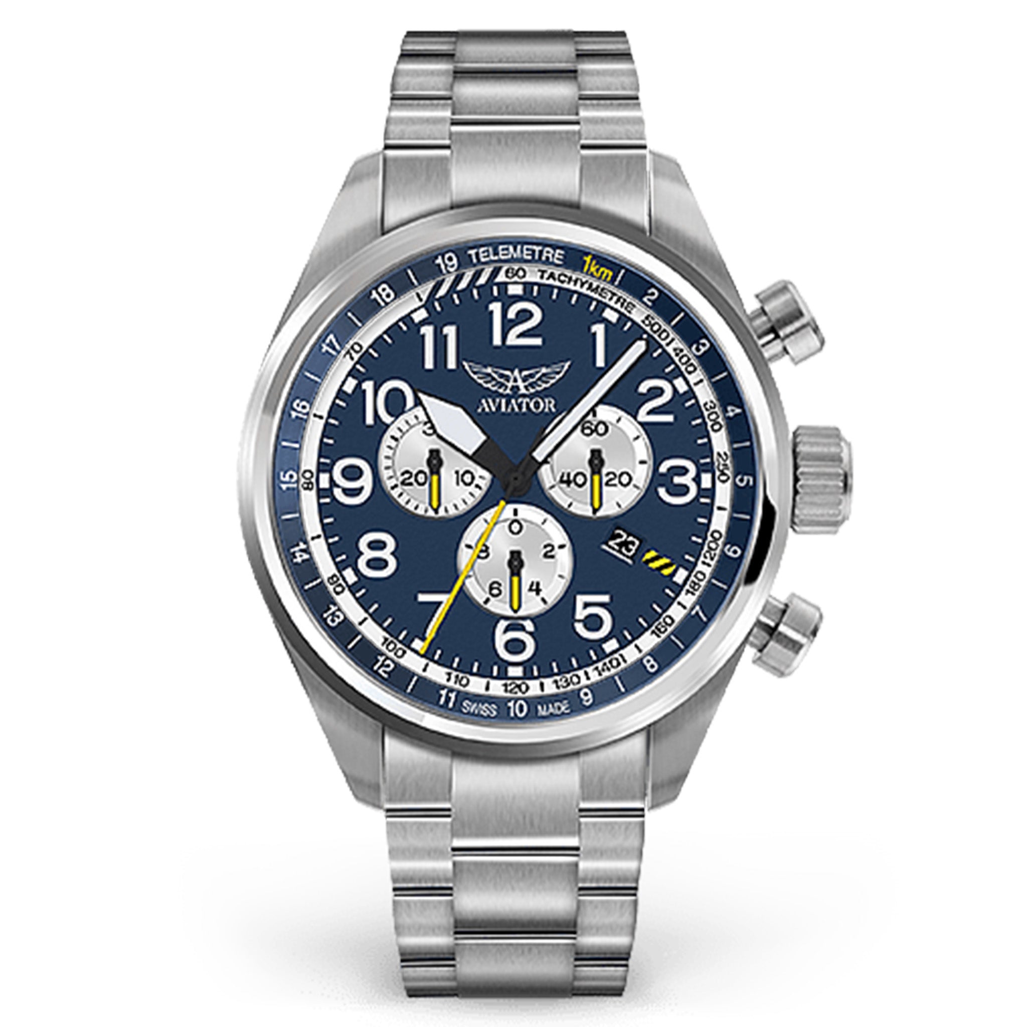 Aviator Silver Steel Blue Dial Men's Chronograph Swiss Made Watch - V22501705