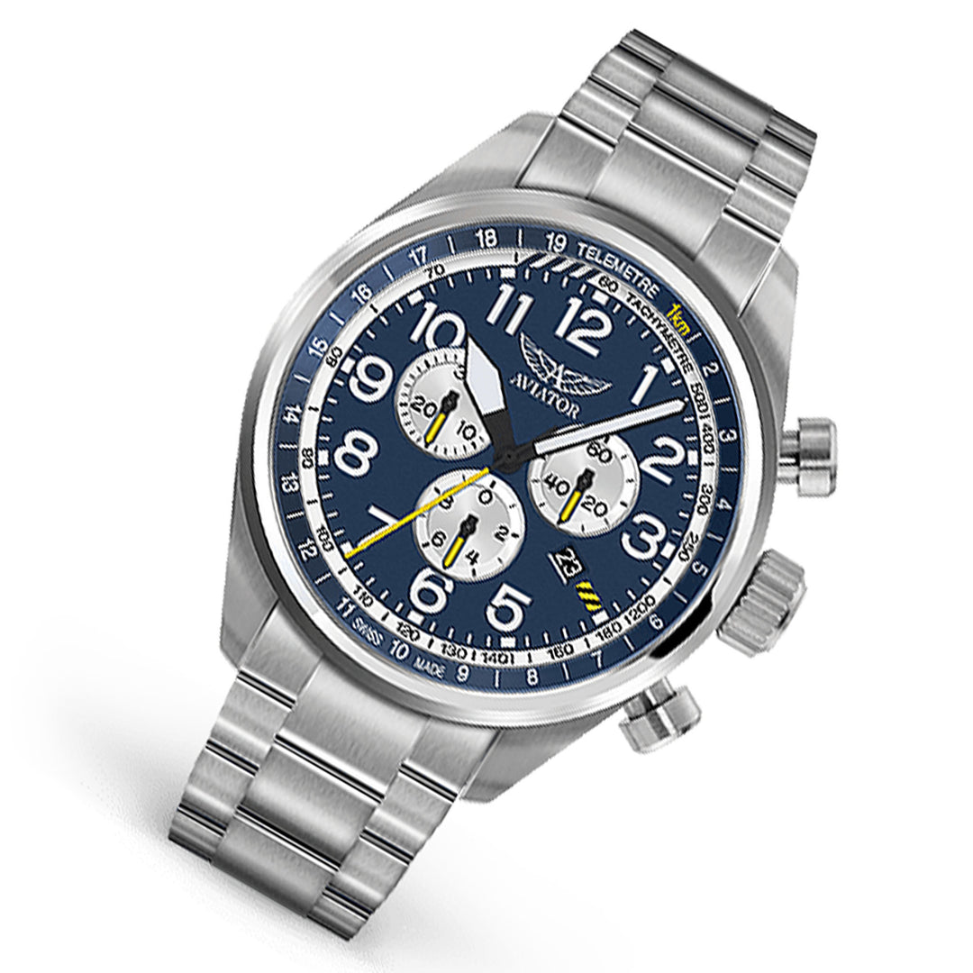 Aviator Silver Steel Blue Dial Men's Chronograph Swiss Made Watch - V22501705