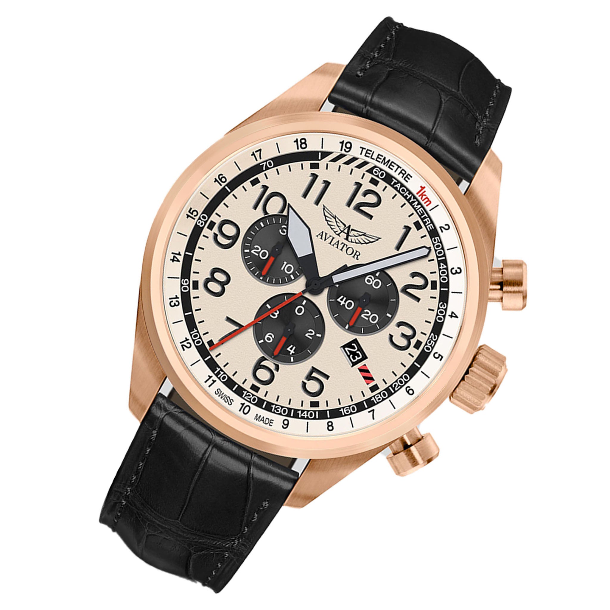 Aviator Black Leather Ivory Dial Chronograph Swiss Made  Men's Watch - V22521734