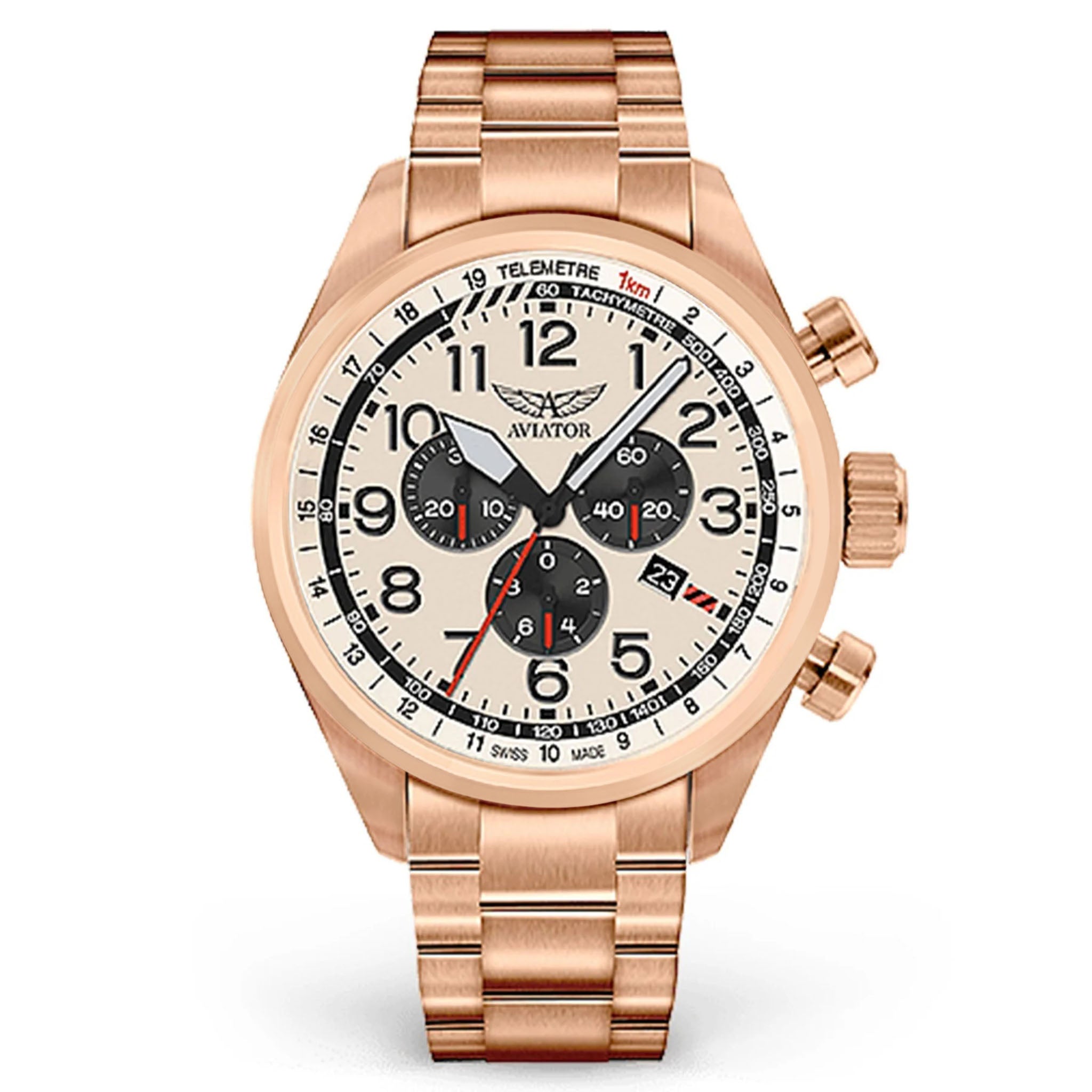 Aviator Rose Gold Steel Ivory Dial Men's Chronograph Swiss Made Watch - V22521735