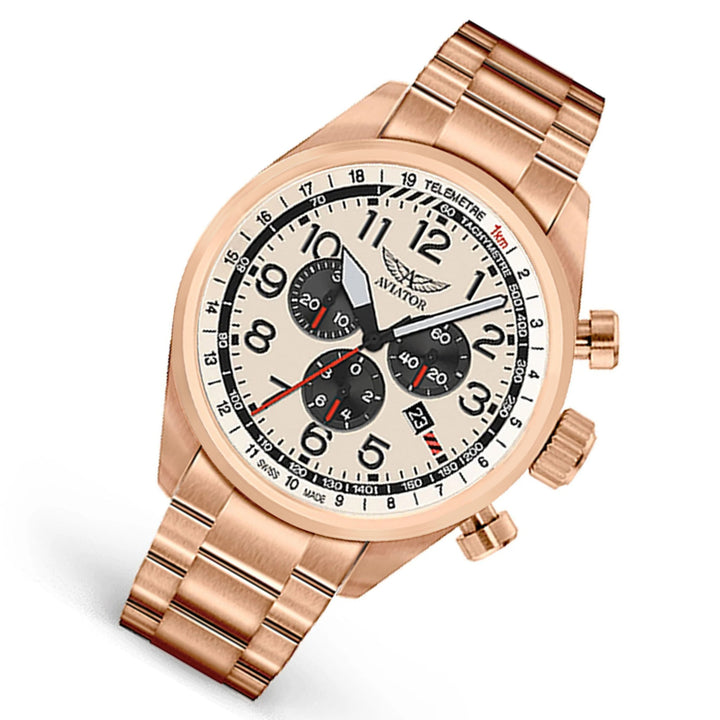 Aviator Rose Gold Steel Ivory Dial Men's Chronograph Swiss Made Watch - V22521735