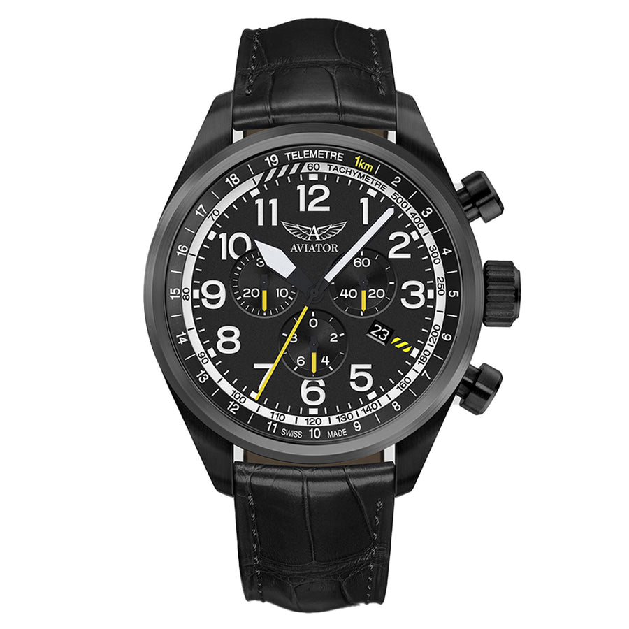Aviator Black Leather Chronograph Swiss Made Men's Watch - V22551694