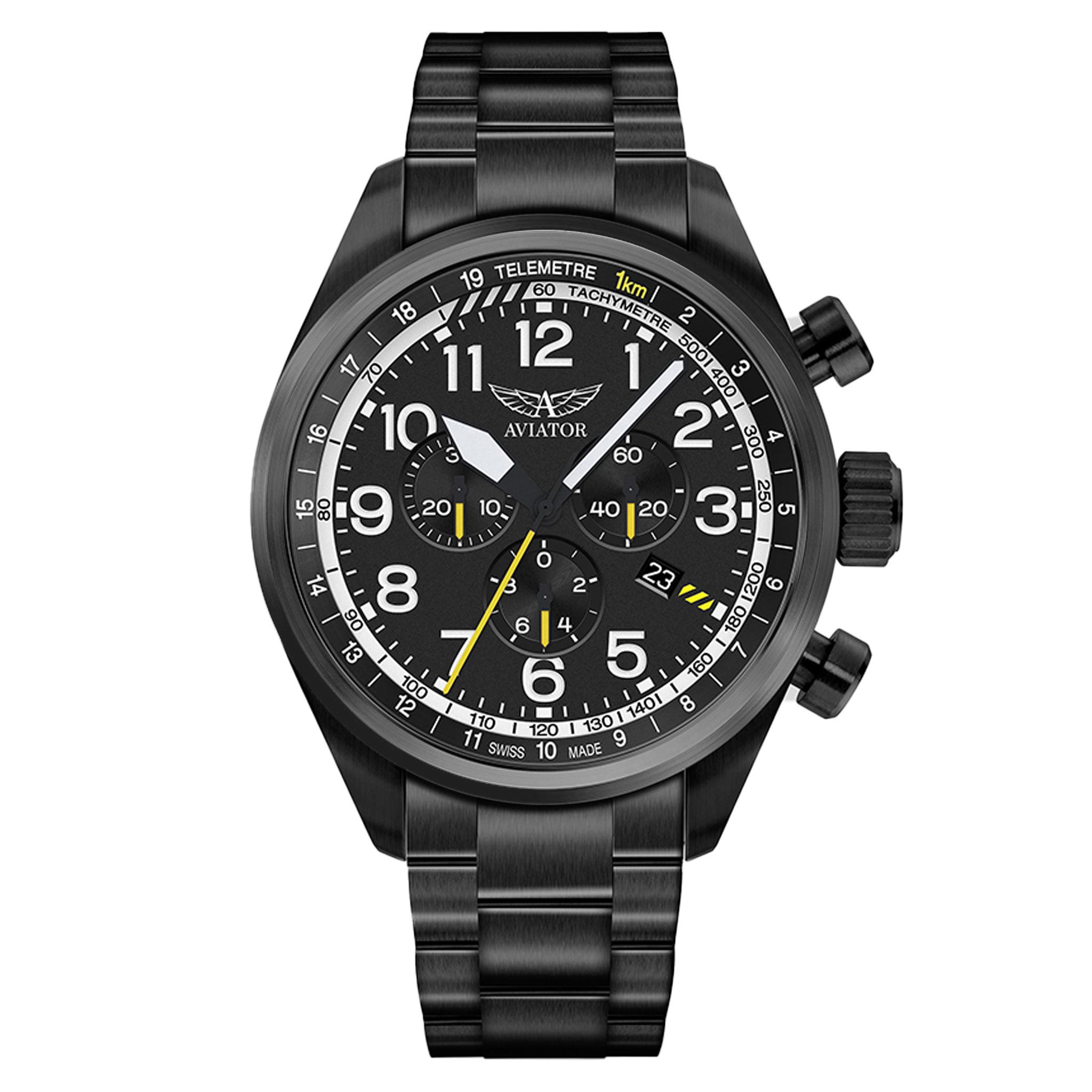 Aviator Black Steel Men's Chronograph Swiss Made Watch - V22551695