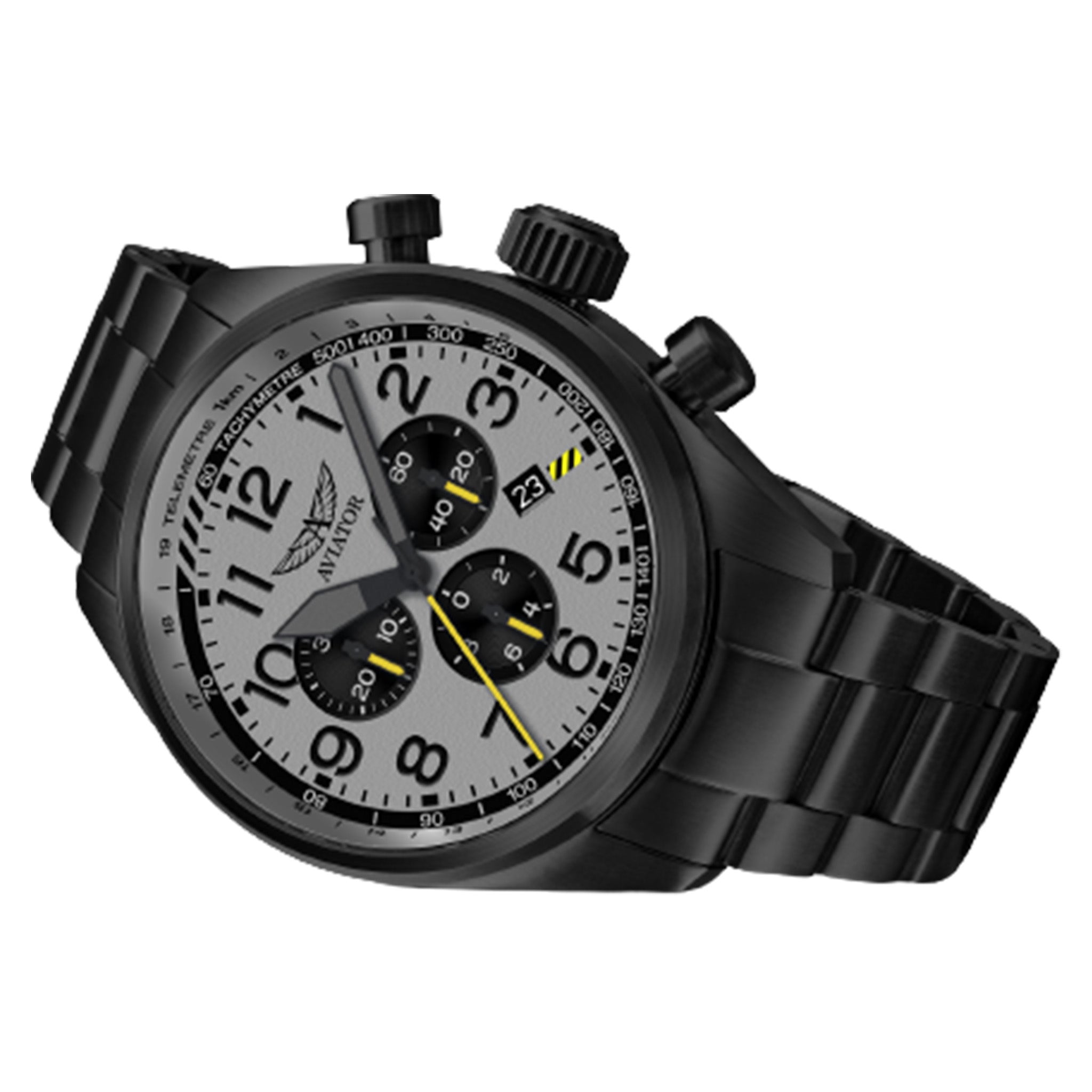 Aviator Black Steel Grey Dial Chronograph Swiss Made Men's Watch - V22551745