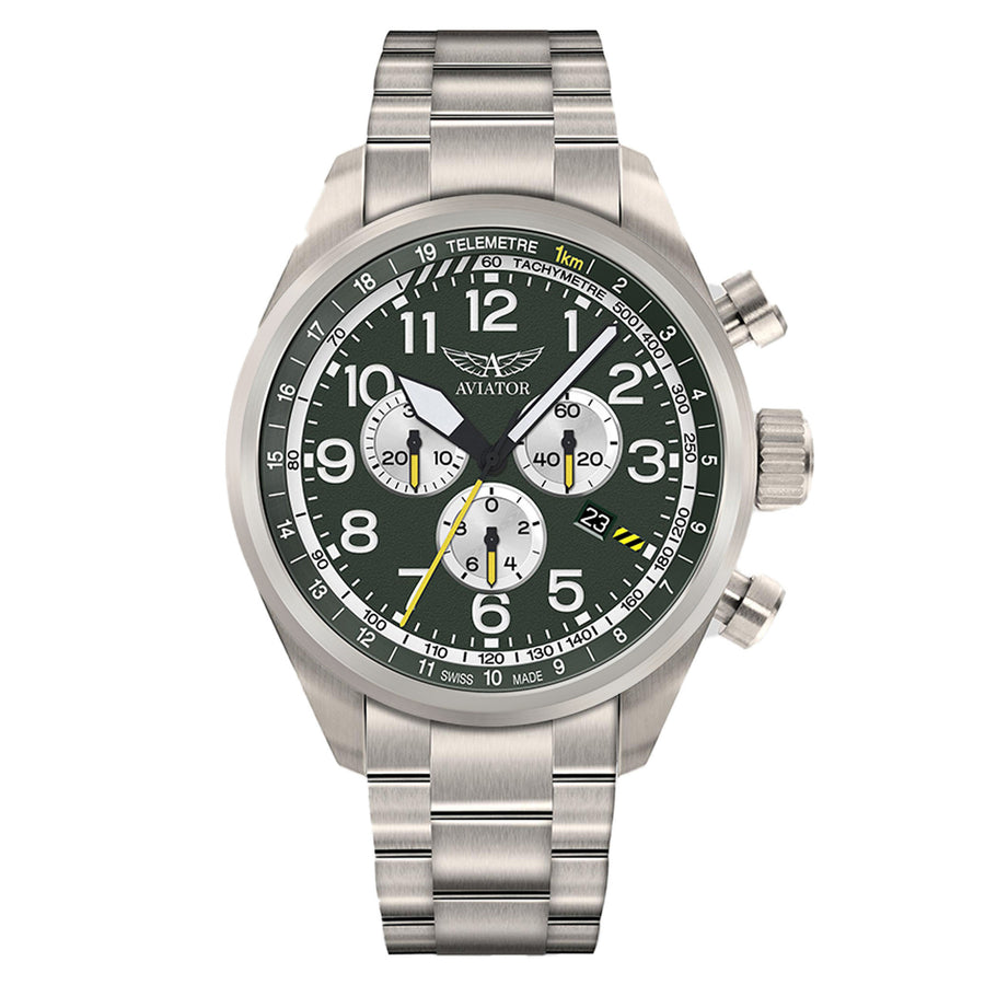 Aviator Grey Steel Green Dial Chronograph Swiss Made Men's Watch - V22571715