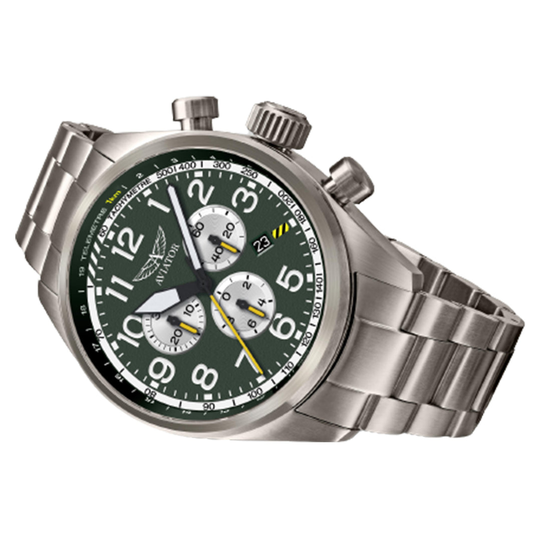 Aviator Grey Steel Green Dial Chronograph Swiss Made Men's Watch - V22571715