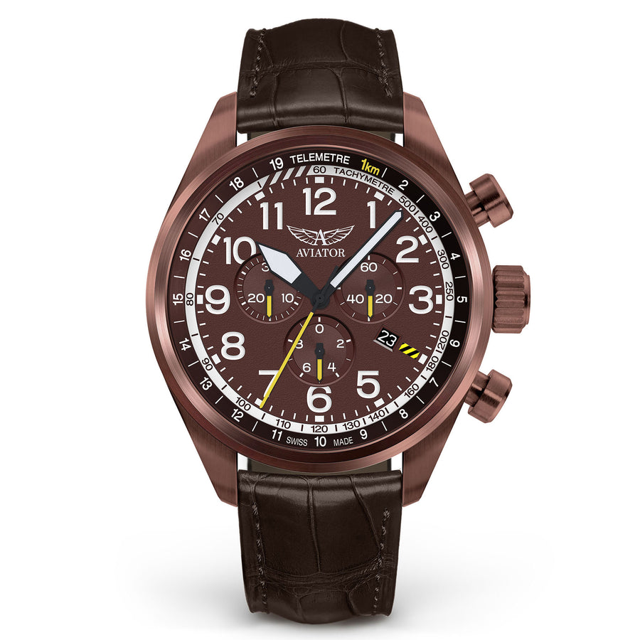 Aviator Brown Leather Chronograph Swiss Made Men's Watch - V22581724