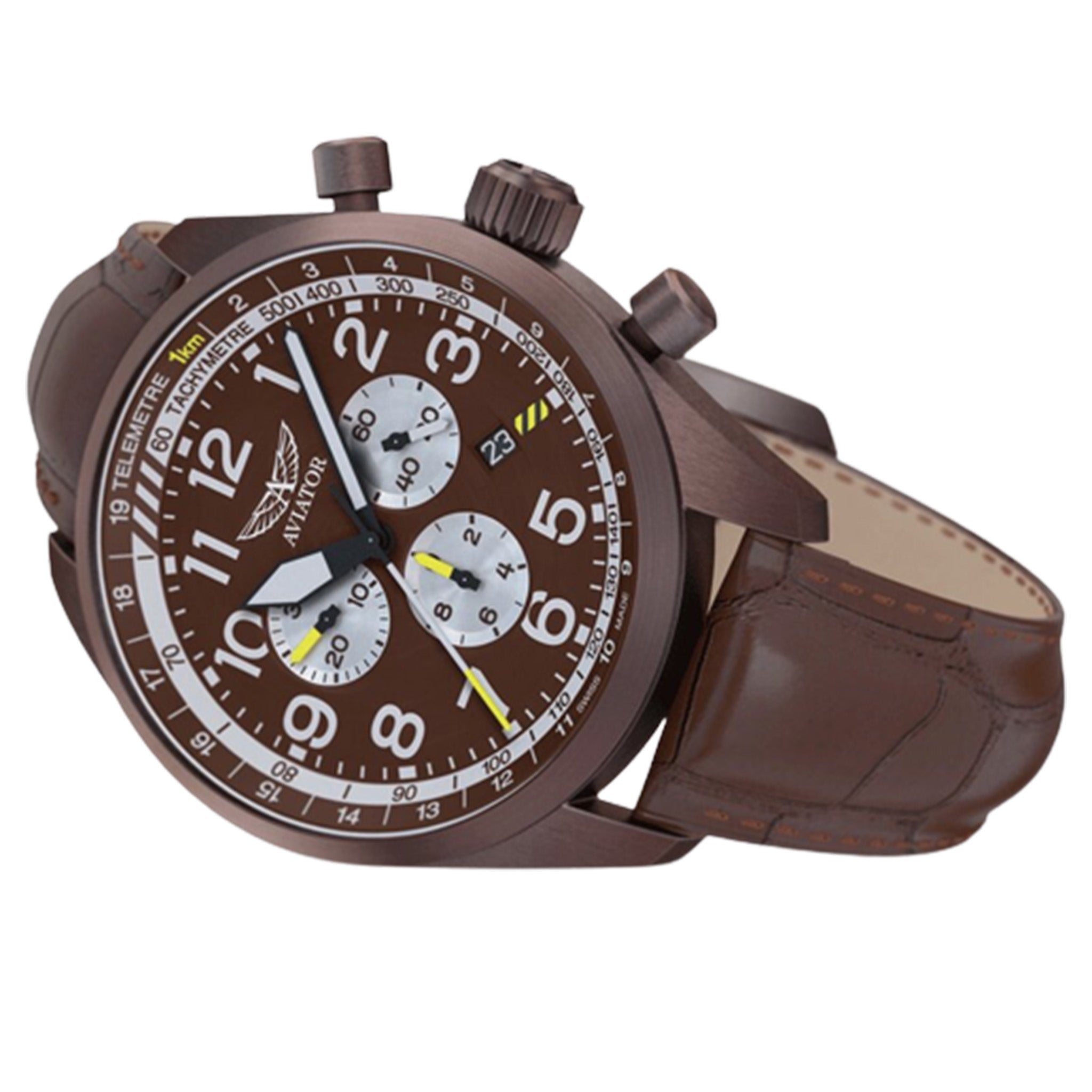 Aviator Brown Leather Chronograph Swiss Made Men's Watch - V22581724