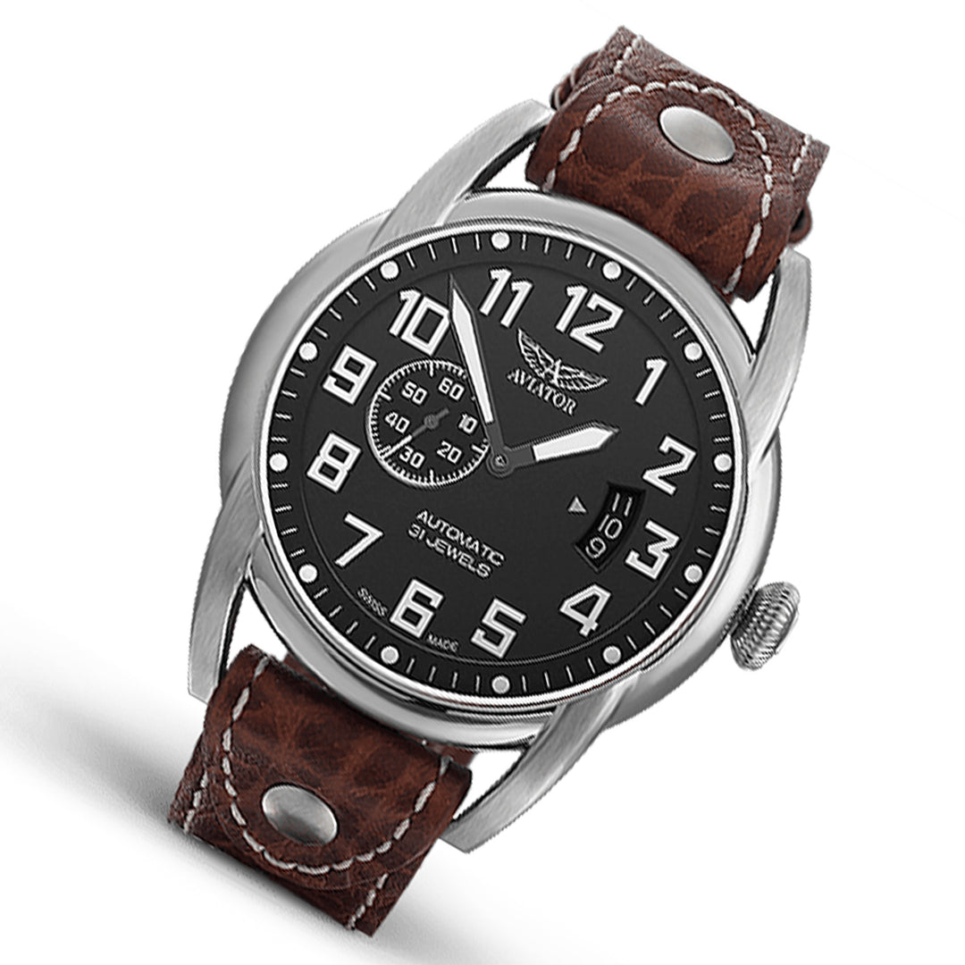 Aviator Brown Leather Black Dial Men's Automatic Swiss Made Watch - V31801604