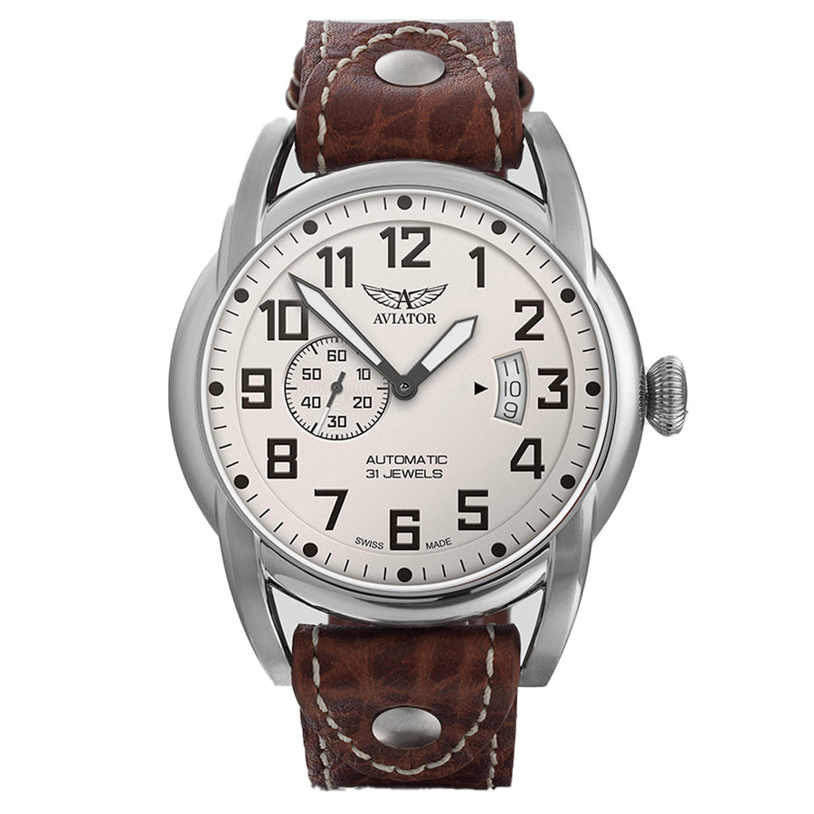 Aviator Brown Leather Ivory Dial Swiss Made Men's Automatic Watch - V31801614
